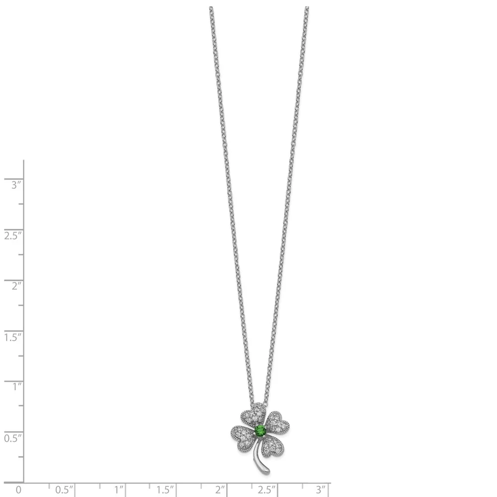 Cheryl M Sterling Silver Rhodium-plated Brilliant-cut Green Glass and Brilliant-cut White CZ Four Leaf Clover 18 Inch Necklace Q-QCM367-18