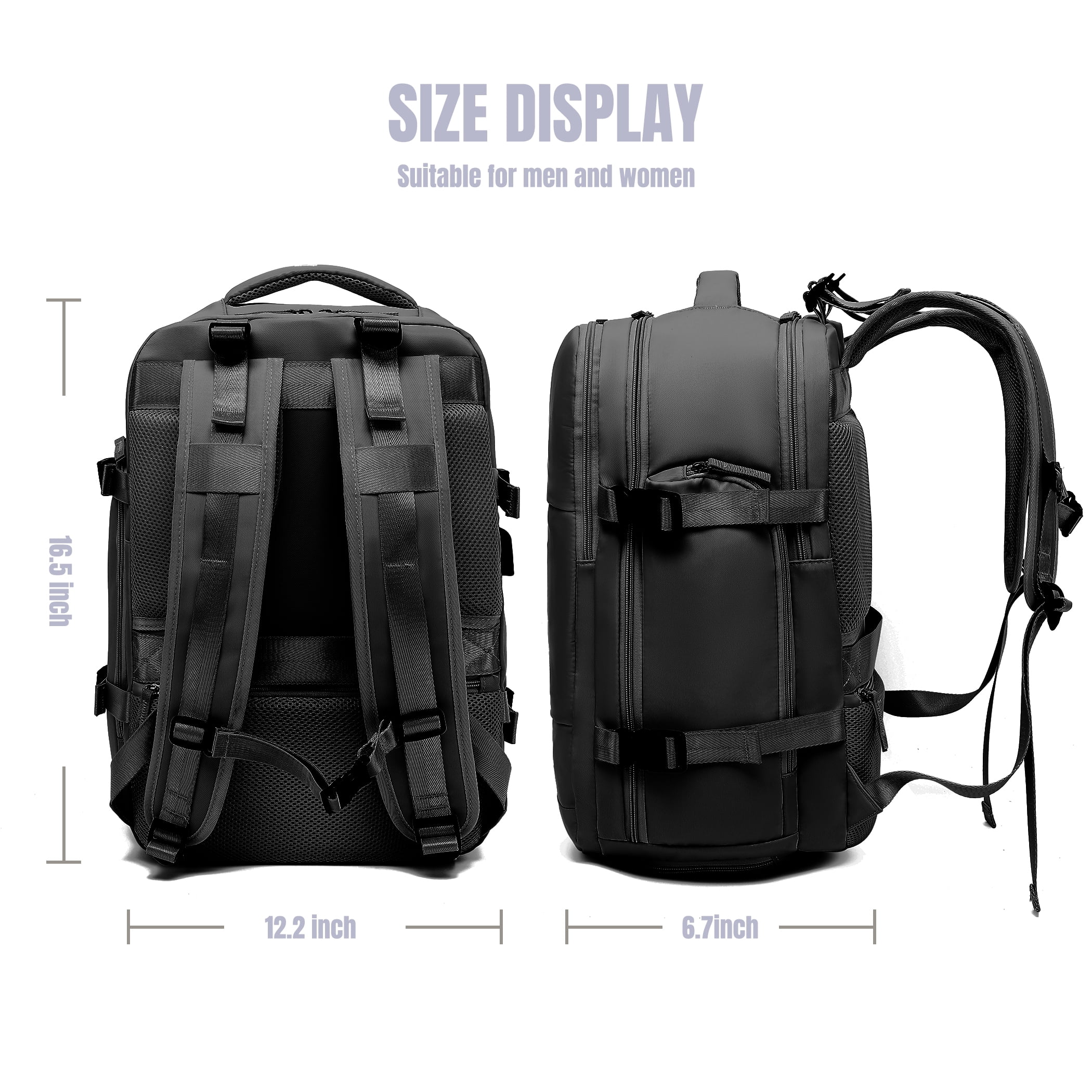 Derstuewe Large Travel Backpack for Women , Carry on Backpack for Outdoor Sports , Waterproof Laptop Bag with USB Charging Port ,Backpack Flight Approved, Black