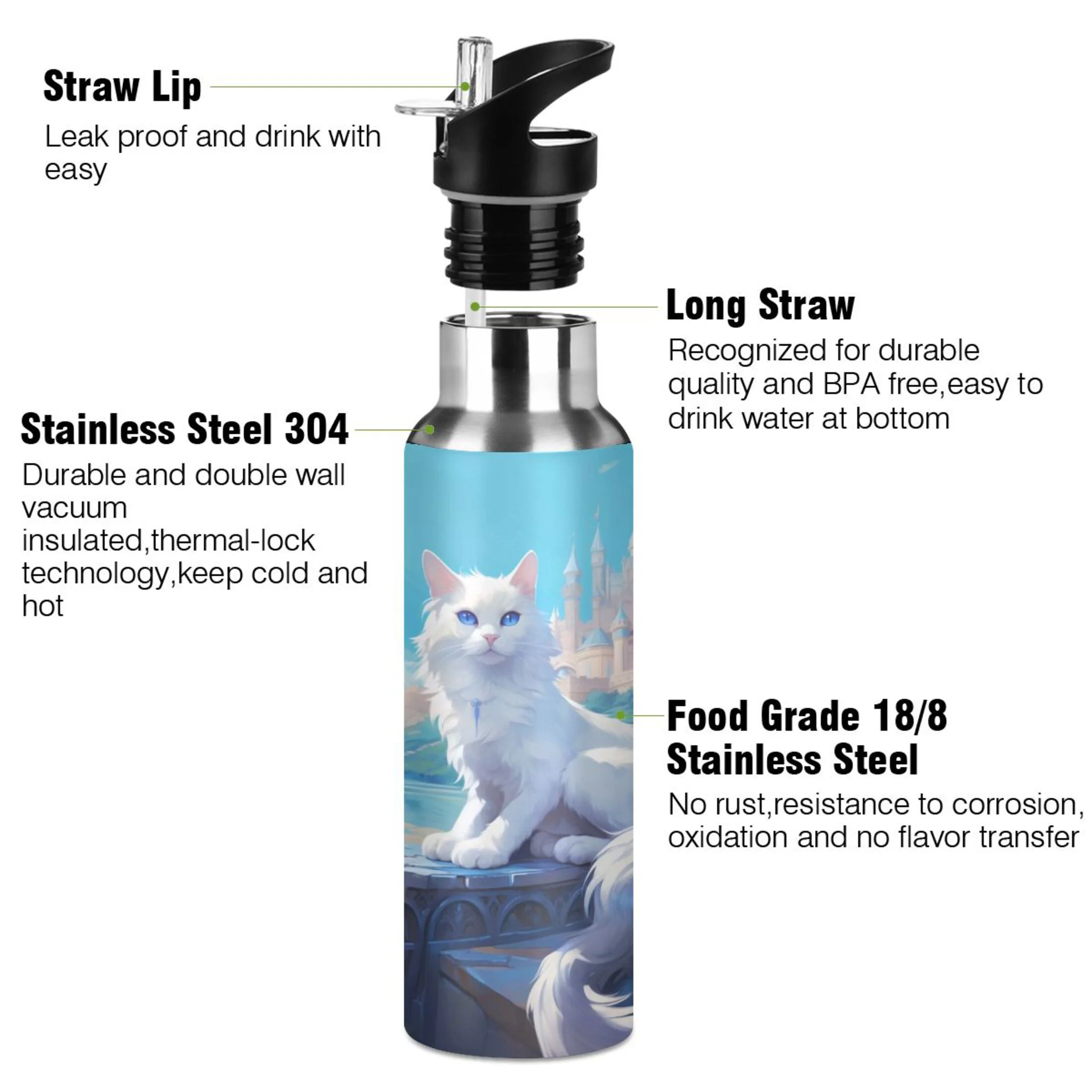 Water Bottle with Straw Lid Leak Magic Cat on Landscape Stainless Steel Insulated Thermos Vacuum Flask for Cold Hot Drinking for Sports Camping Gym Yoga