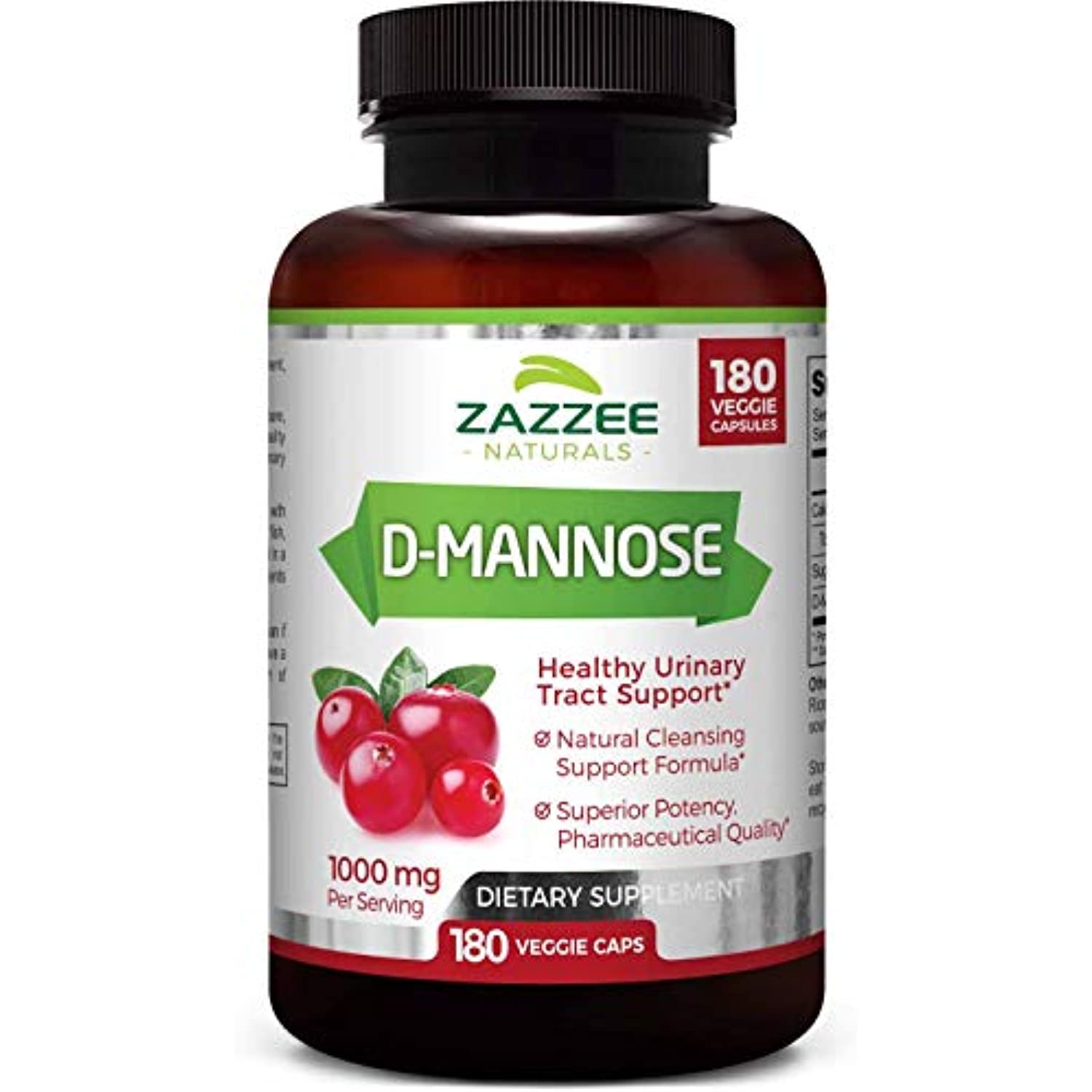Zazzee D-Mannose 180 Vegan Capsules 1000 mg per Serving Pure Potent and Fast-Acting Extra Strength Dosage Vegan Non-GMO and All-Natural