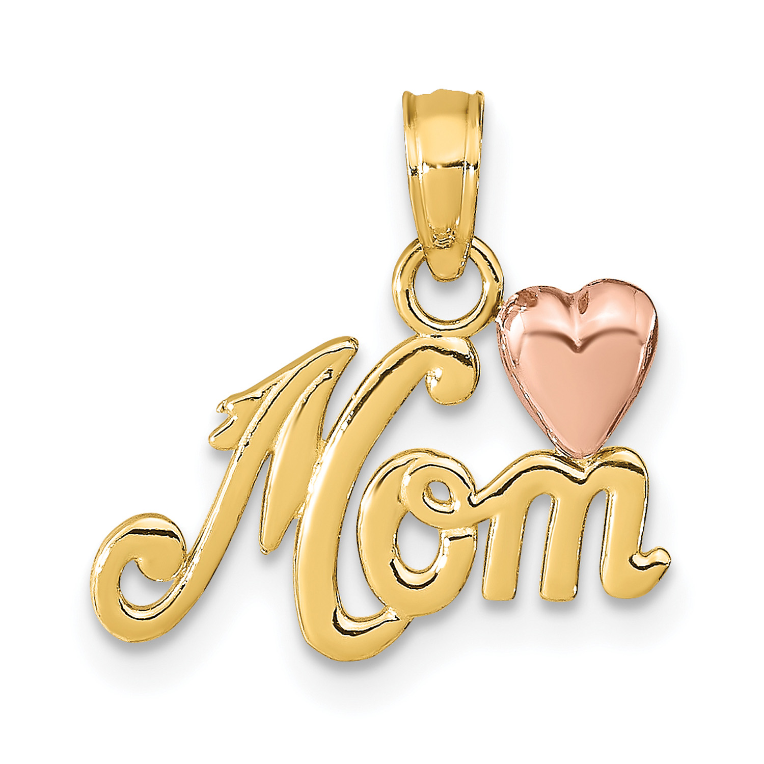 Carat in Karats 14K Two-Tone Gold Two-Tone Mom With Heart Pendant (15.45mm x 17.55mm) With 10K Yellow Gold Lightweight Rope Chain 16