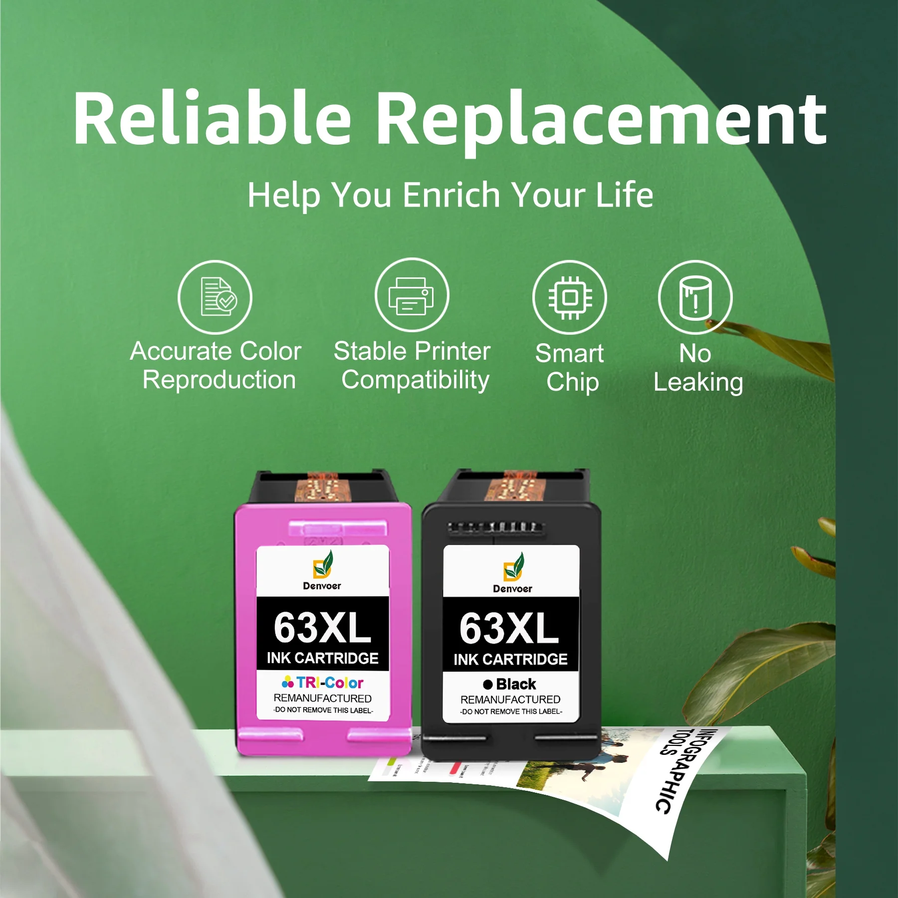 63XL Ink Cartridge Combo Pack Replacement for HP Ink 63 63XL Works for HP OfficeJet 3830 4650 4655 5255 5258 5200 3833 Envy 4520 4512 DeskJet 1112 2130 3630 3633 Printer (2-Pack, 1 Black, 1 Tri-Color)