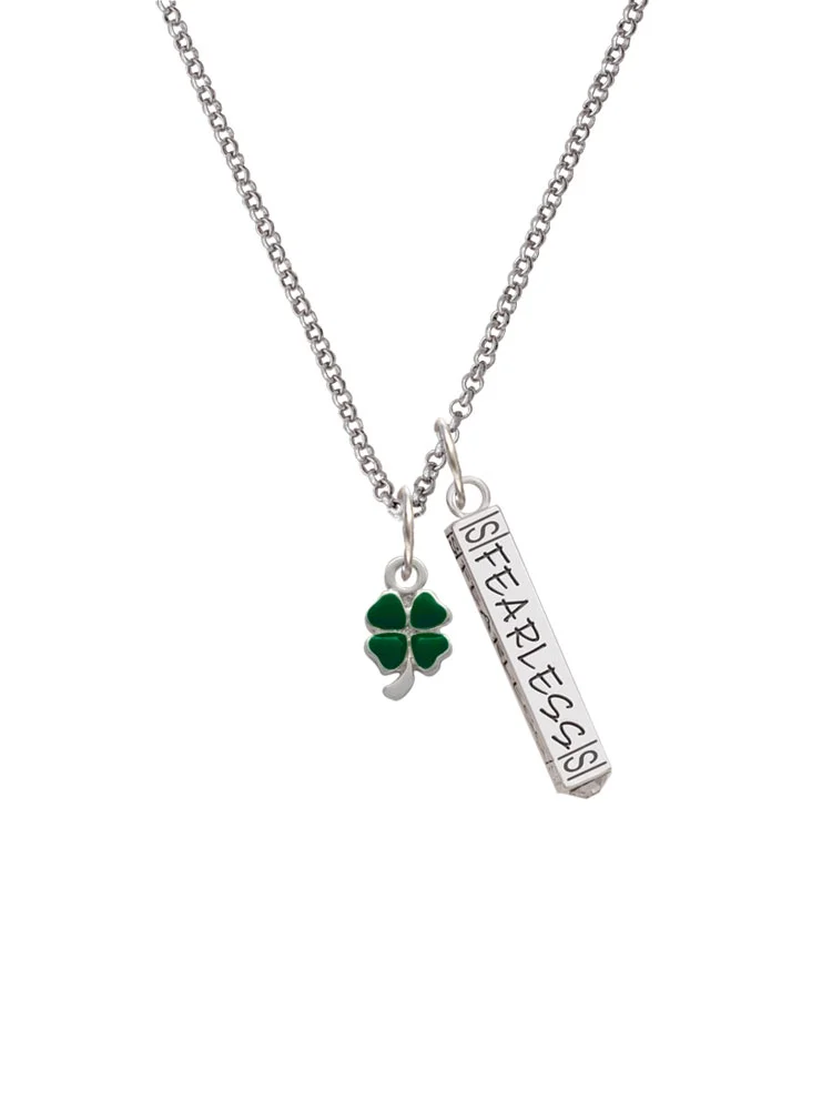 Delight Jewelry Silvertone Mini Green Four Leaf Clover with Heart Leaves Silvertone Fearless Bar Charm Necklace, 23