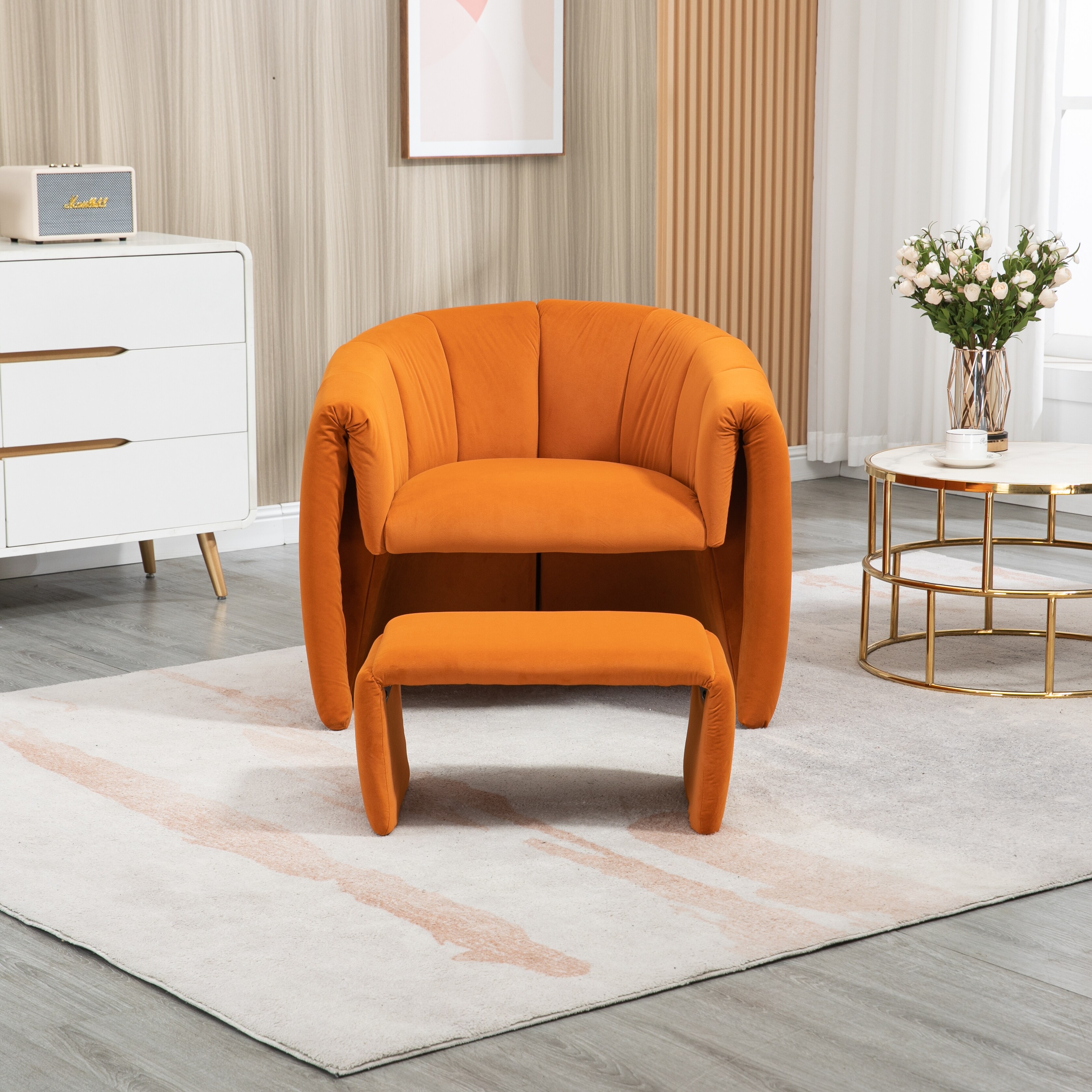 Modern Velvet Single Sofa Chair Livingroom Accent Chair with Ottoman Orange