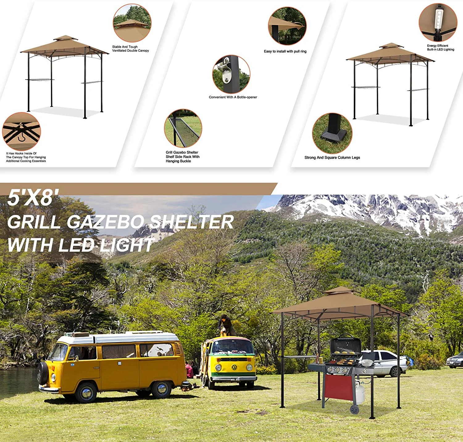 Eurmax 5x8 Grill Gazebo Double Tier Outdoor BBQ Canopy Gazebo(Khaki)