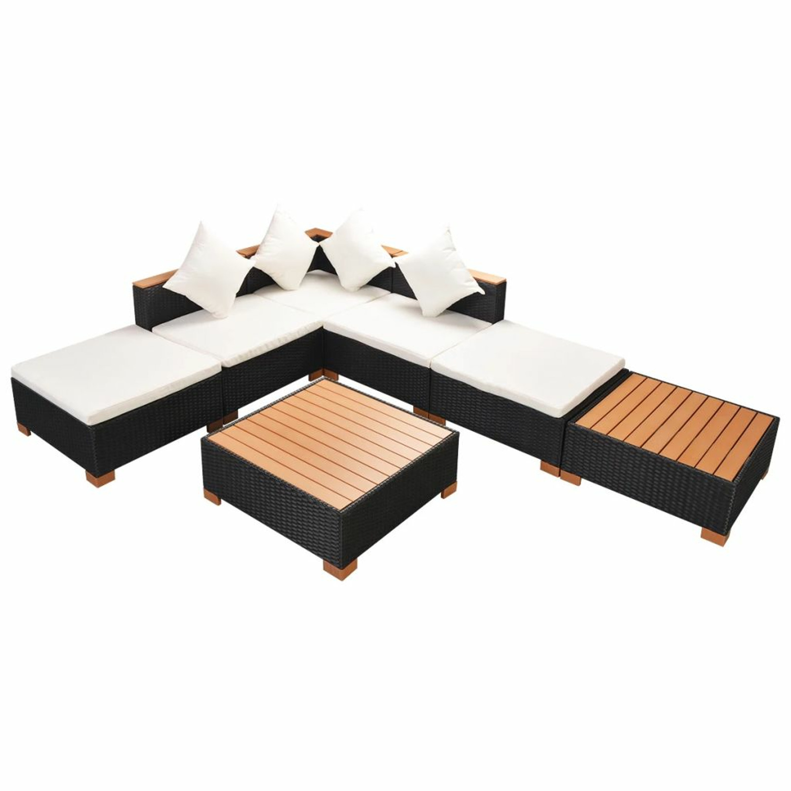 Dcenta 7 Piece Outdoor Conversation Set Cushioned Sectional Sofa Set with WPC Top Coffee Table and Ottoman Black Poly Rattan Patio Lounge Set for Garden, Backyard, Balcony, Terrace Furniture