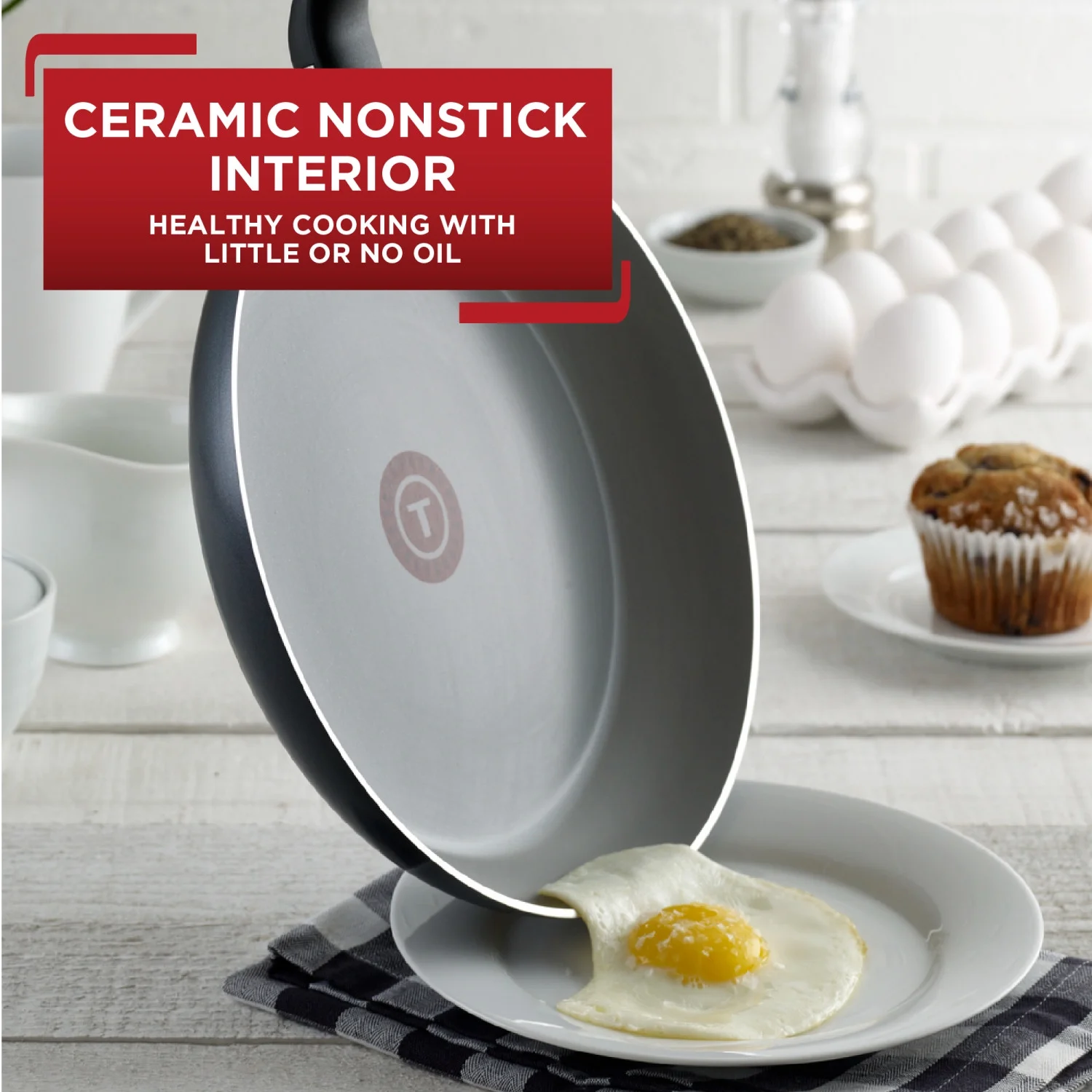 T-fal Initiatives Ceramic Cookware, 2 Piece Fry Pan Set, 8.5 & 10.5 inch, Black, G917S264