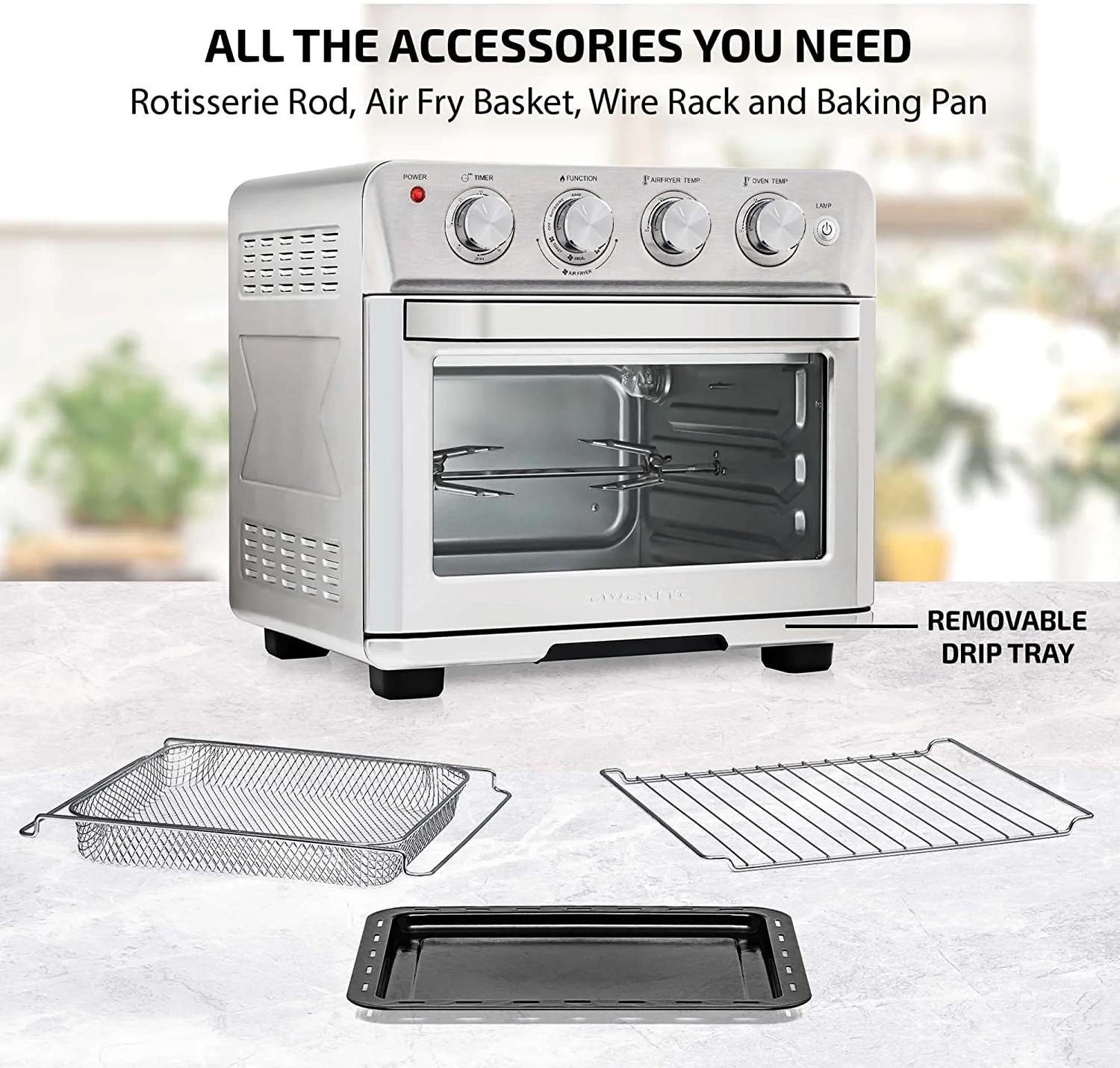 OVENTE Air Fryer Toaster Oven Combo,1700W Power & Free Accessories, New- Silver OFM2025BR