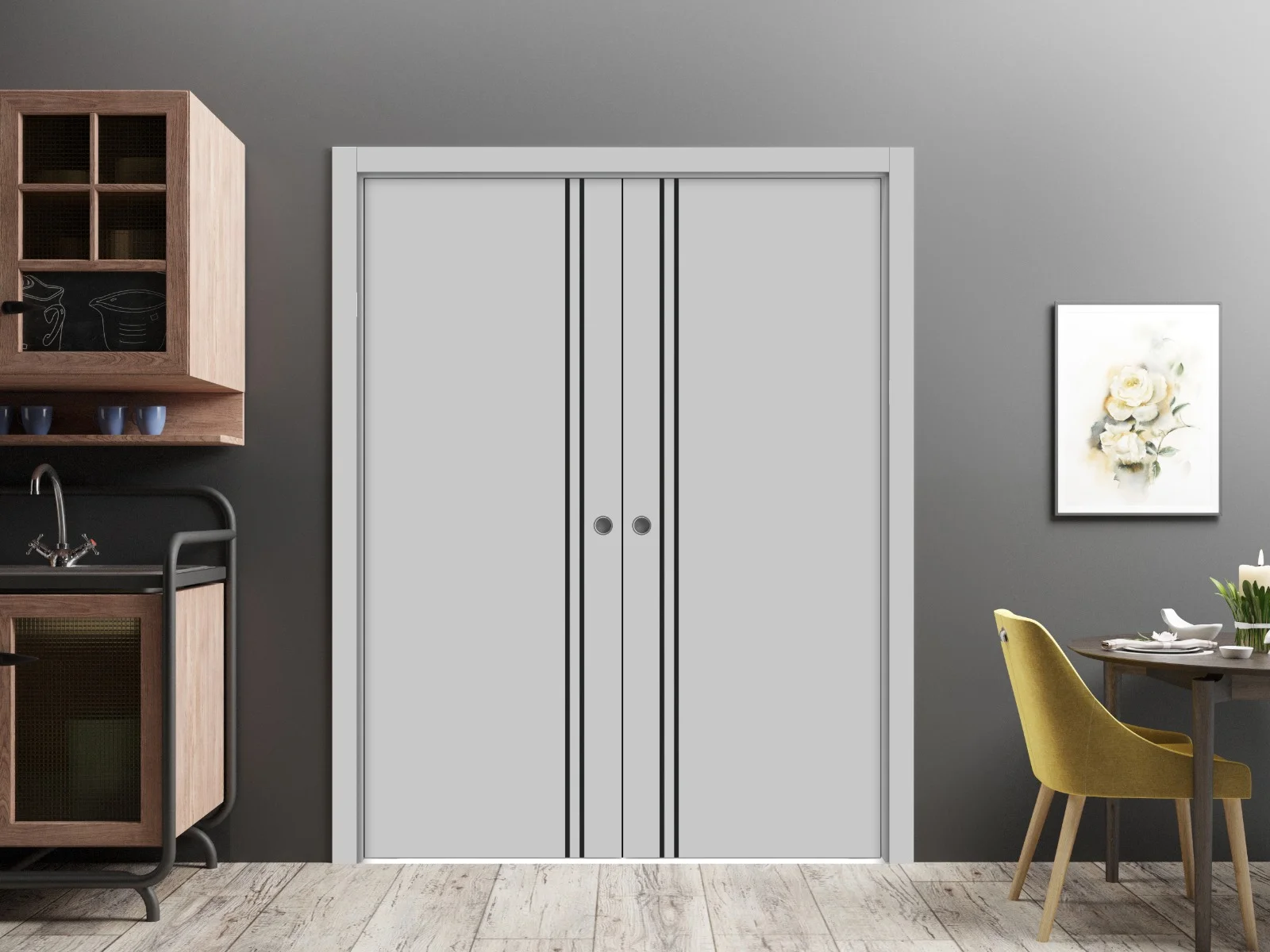 Sliding French Double Pocket Doors 48 x 80 inches | Planum 0016 Grey Matte with Frosted Glass | Kit Trims Rail Hardware | Solid Wood Interior Bedroom Sturdy Doors