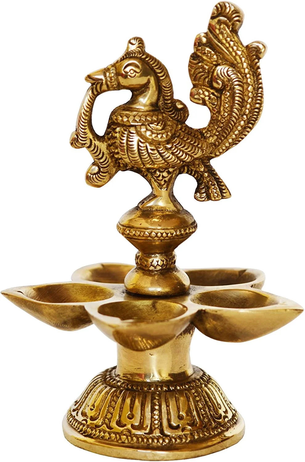 Aakrati Brass Peacock Oil Lamp Pair of Five Wicks for Décor and Worship Decorative Bird Metal Lamp (Pack of 2)