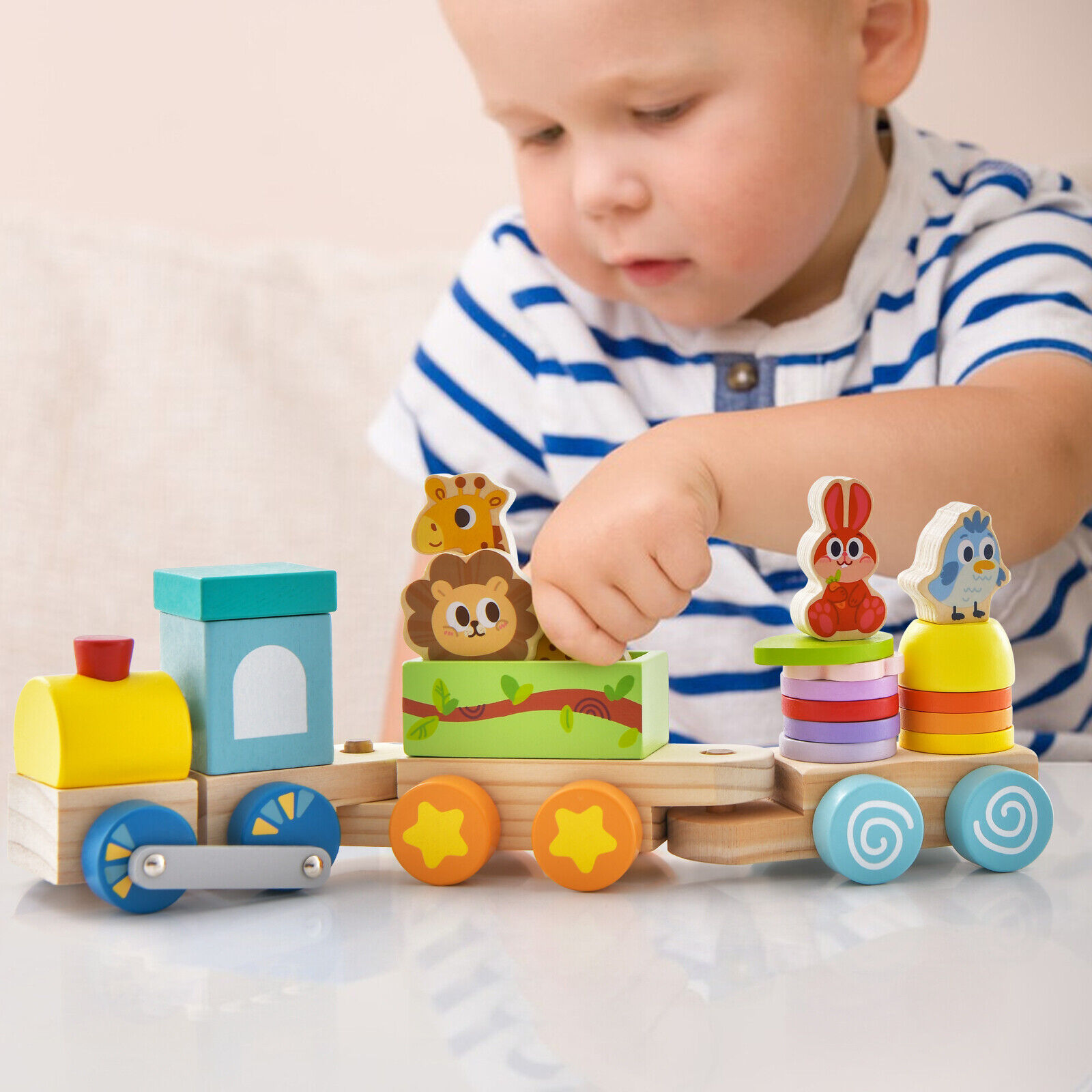 Amijoy Wooden Stackable Train Set Kids Educational Fun Cars w/ Animal Toys & Locomotive