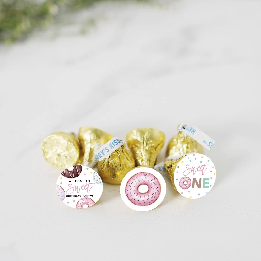 Koyal Wholesale Donut Theme Birthday Chocolate Drop Label Stickers for Kisses, For Kids Birthday Party Favors, 240-Pk