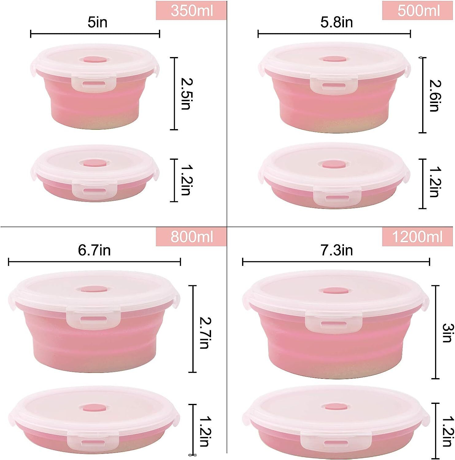 Silicone Collapsible Food Storage Containers,Set of 4 Round Folding Silicone Lunch Box,Microwave and Freezer Safe (Pink, Round)