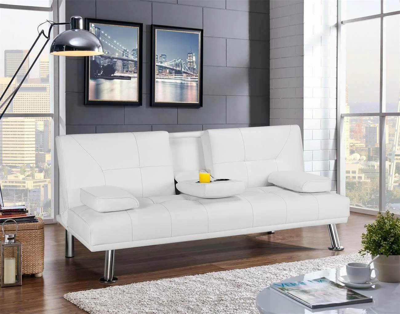 LLBIULife Modern Faux Leather Futon Set Convertible Recliner Sleeper Fold Up & Down Loveseat Reversible Daybed Guest Bed  3 Angles Adjustable  2 Cup-Holders  Up to 772 lbs  White
