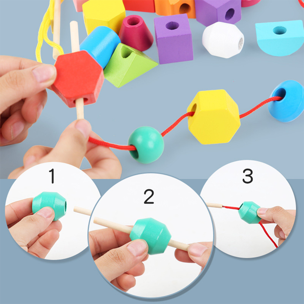Juiluna Beads Sequencing Toy Wooden Stacking Blocks Lacing Beads Shape Matching Color Cognition Learning Toys Gifts for Kids