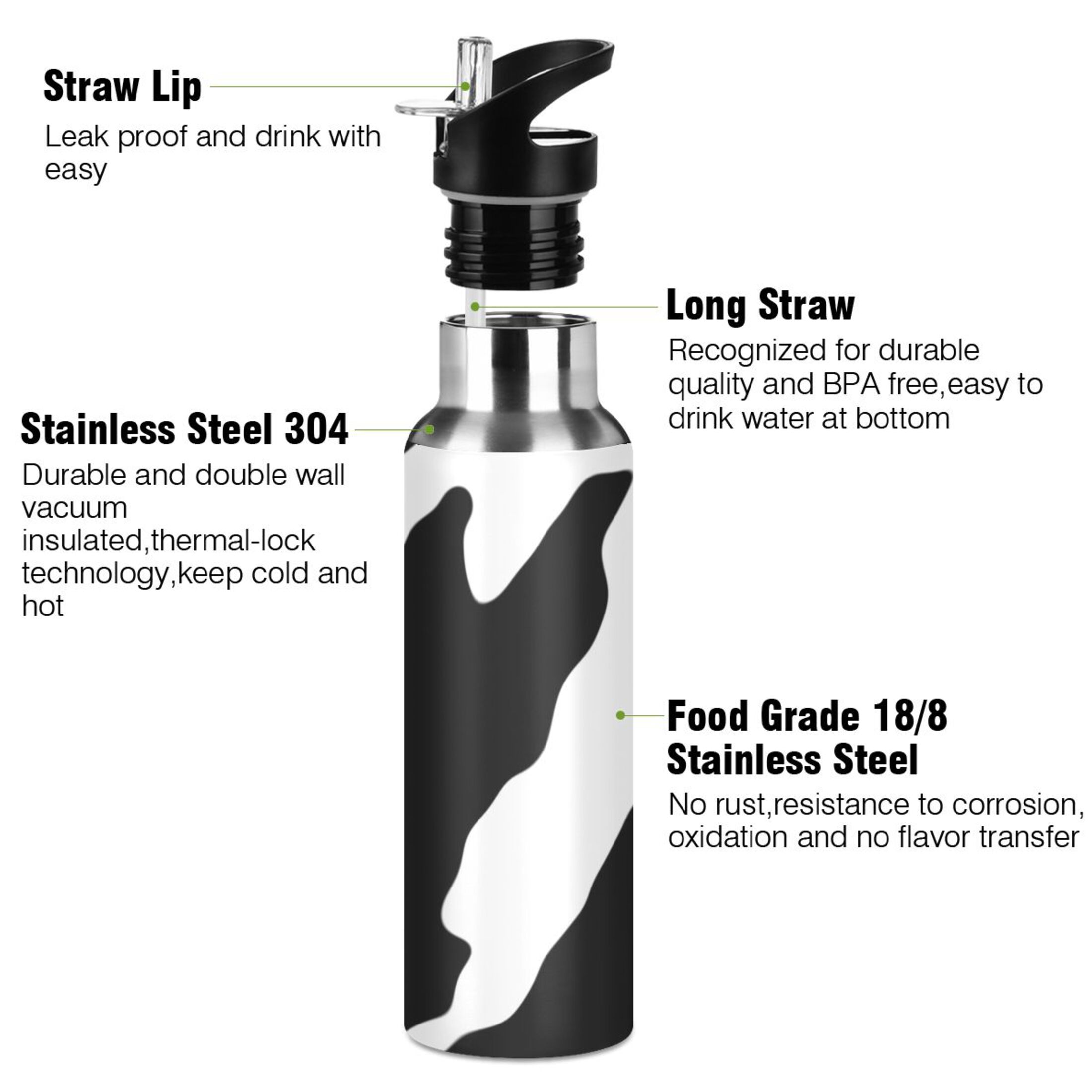 Stainless Steel Water Bottle Black White with Straw Lid Vacuum Insulated Leak Proof Flask Jug for Gym Travel Sports Cycling Outdoor 20 OZ