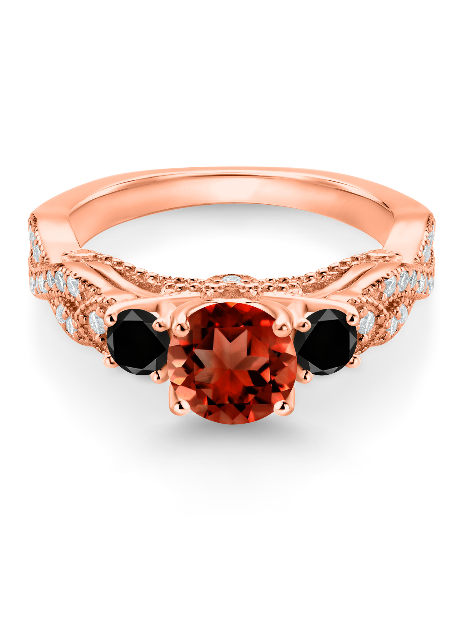 Gem Stone King 18K Rose Gold Plated Silver Red Garnet Black Diamond and White Moissanite Engagement Ring For Women (1.47 Cttw, Gemstone January Birthstone, Round 6MM and 3MM)
