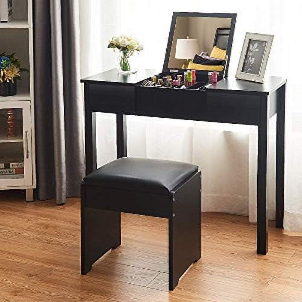 TJUNBOLIFE Vanity Set with Flip Top Mirror and Cushioned Stool  Makeup Dressing Table Writing Desk with 2 Drawers & 3 Removable Organizers  Makeup Table Set Easy Assembly  Black