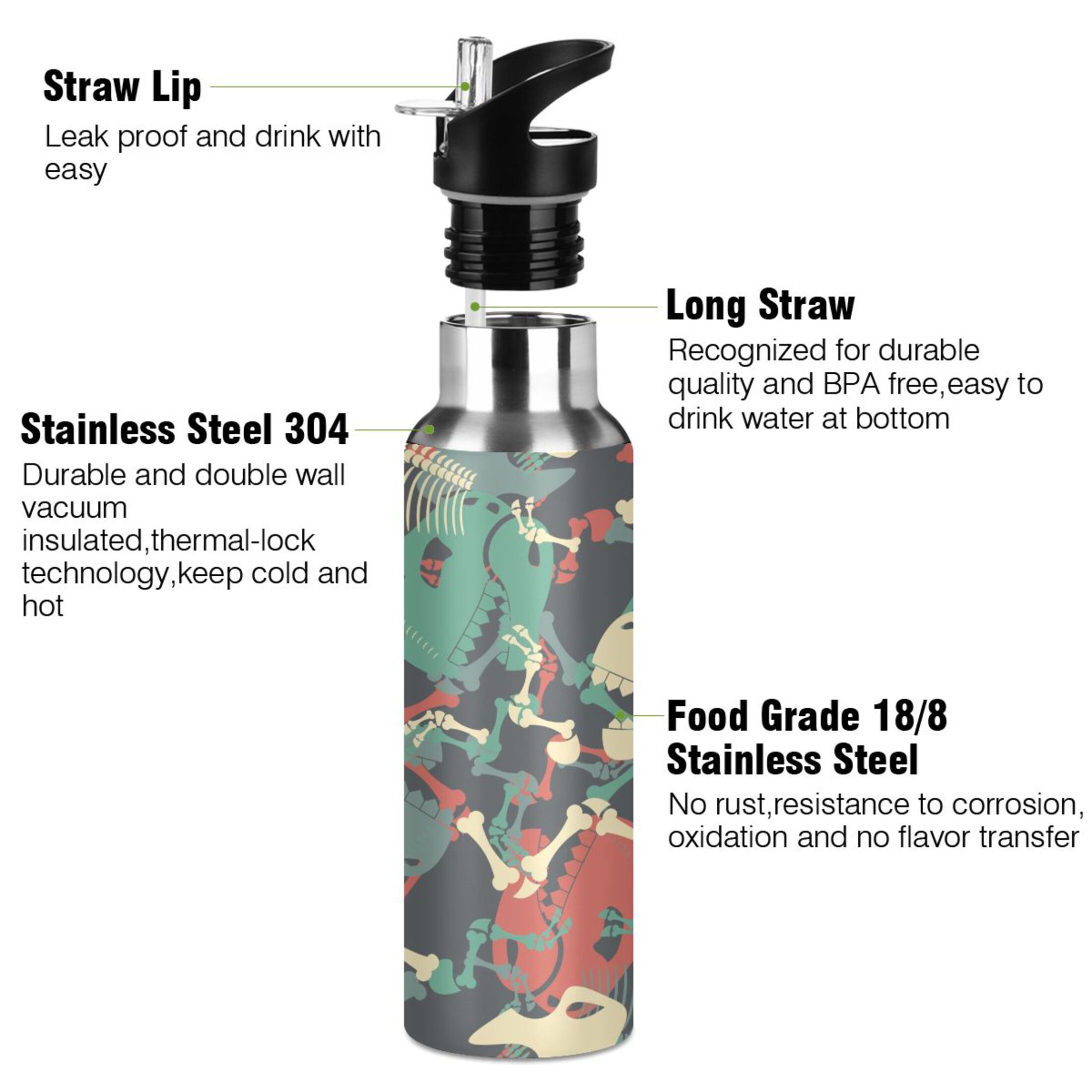 Stainless Steel Water Bottle Cool Green White Dinosaur Skeleton with Straw Lid Vacuum Insulated Keeps Hot and Cold Leak Proof Flask Jug for Gym Travel Sports Cycling Outdoor 20 OZ