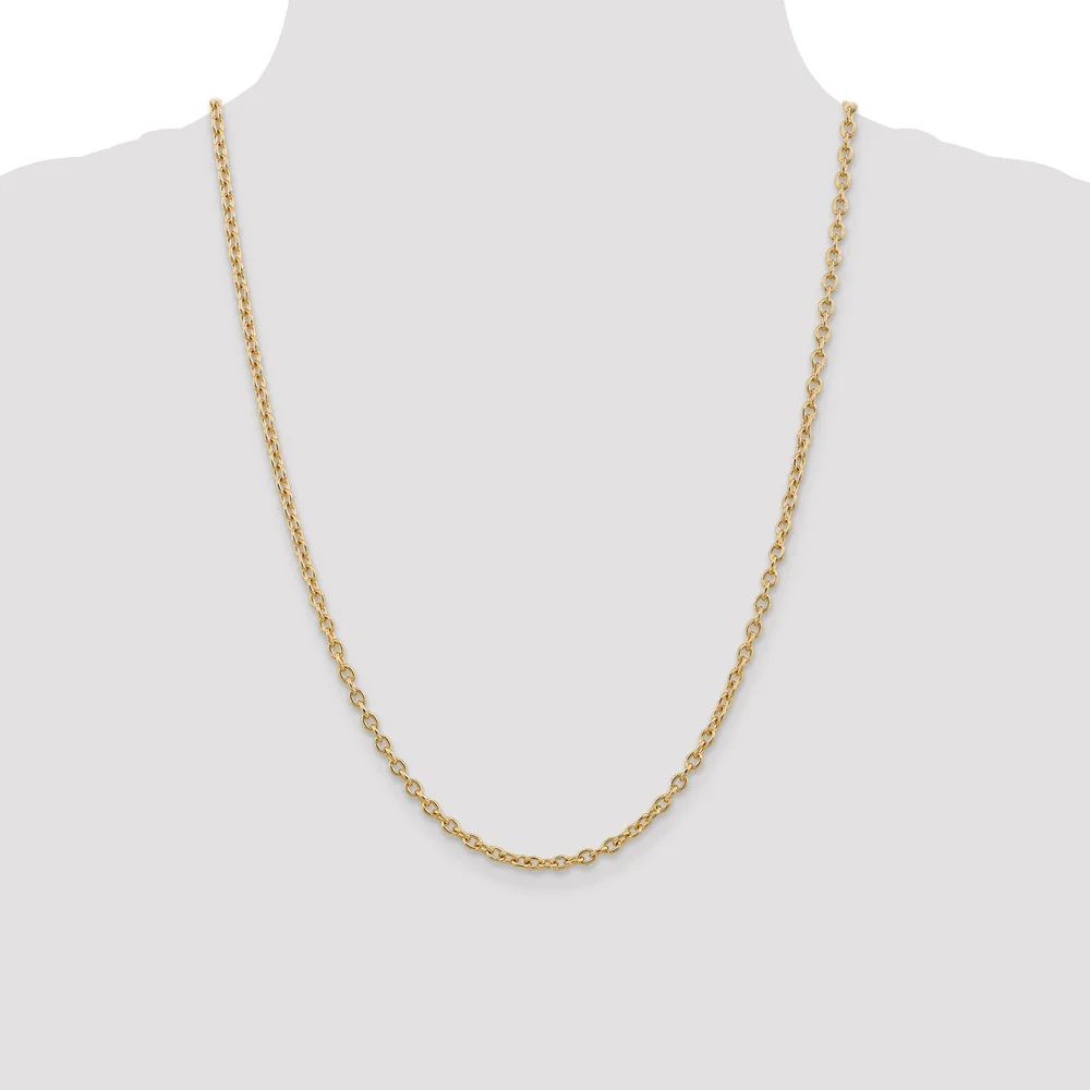 Real 14kt Yellow Gold 3.2mm Round Open Link Cable Chain; 24 inch; Lobster Clasp; for Adults and Teens; for Women and Men
