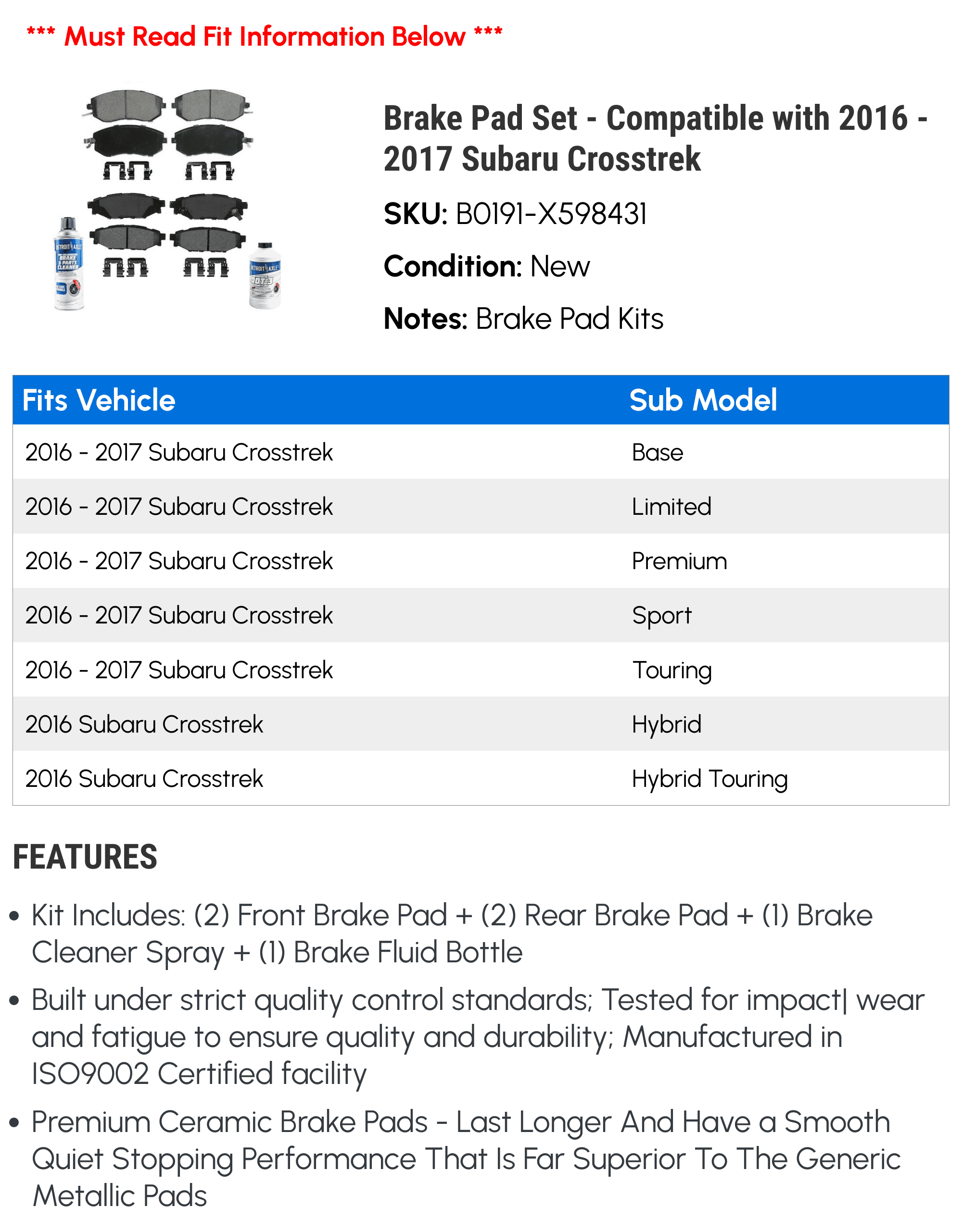 Brake Pad Set - Compatible with 2016 - 2017 Subaru Crosstrek