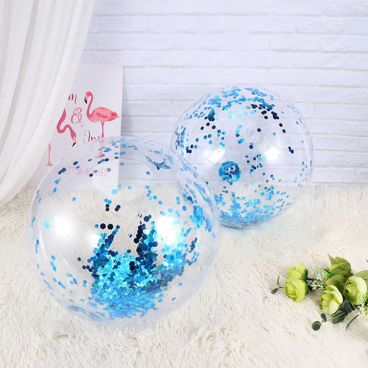OUNONA 2pcs 16 Inches Sequin Inflatable Ball Glitter Ball Pool Game Play Toy Transparent Beach Ball Photo Props (Blue Sequin Ball)