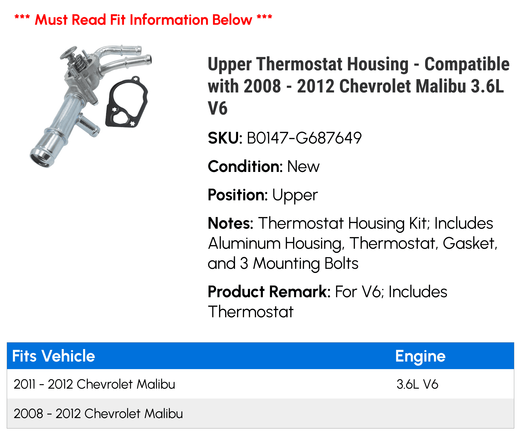 Upper Thermostat Housing - Compatible with 2008 - 2012 Chevy Malibu 3.6L V6 2009 2010 2011