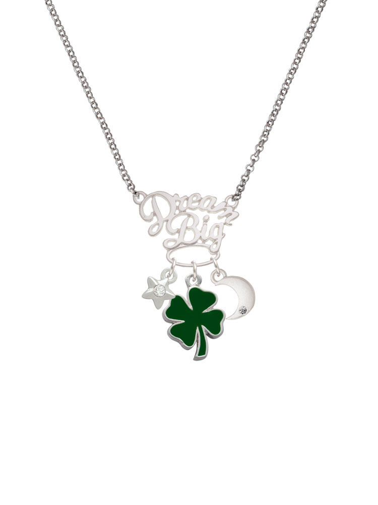 Delight Jewelry Silvertone Two Sided Green Enamel Lucky Four Leaf Clover Silvertone Dream Big Pendant Necklace, 25