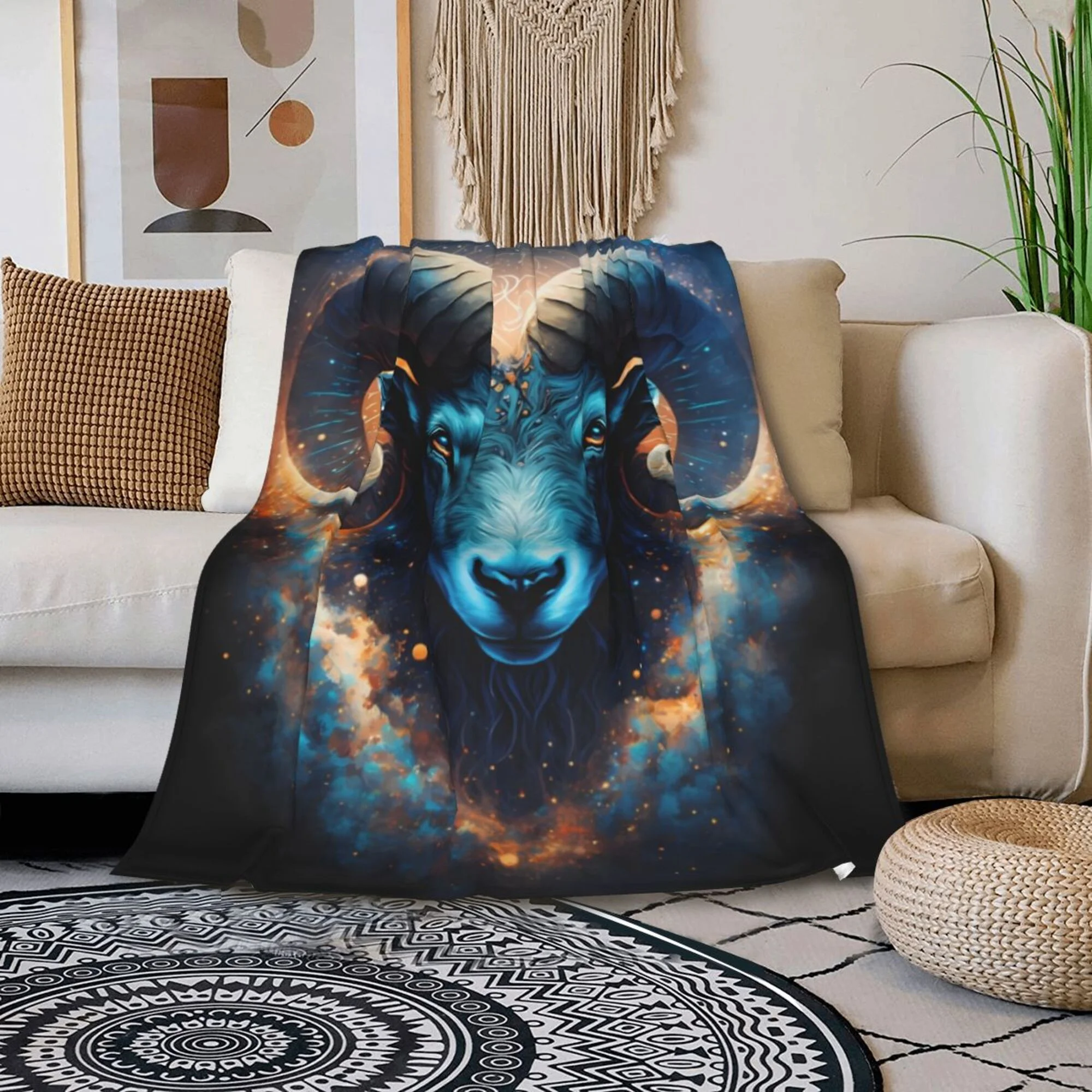 TEQUAN Double Layer Plush Bed Blanket, Aries Zodiac Signs Pattern Cozy Soft Air Conditioner Throw Blankets, 50