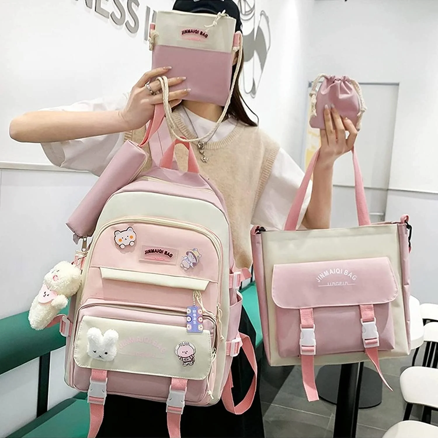 5Pcs Kawaii Cute Backpacks Combo Set with Bear Pendant & Pins - Back To School Supplies Patchwork Bunny Japanese Anime Daypack Bag Kit with Pencil Case Tote