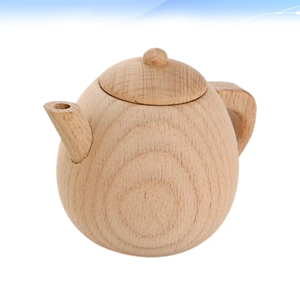 NUOLUX 1PC Solid Wood Tableware Toy No Paint Tea Pot Toy Simulated Kitchen Cooking Tea Kettle Toy Mini Tea Pot Toy Funny Play House Cutlery Toy for Home Nursery Size S