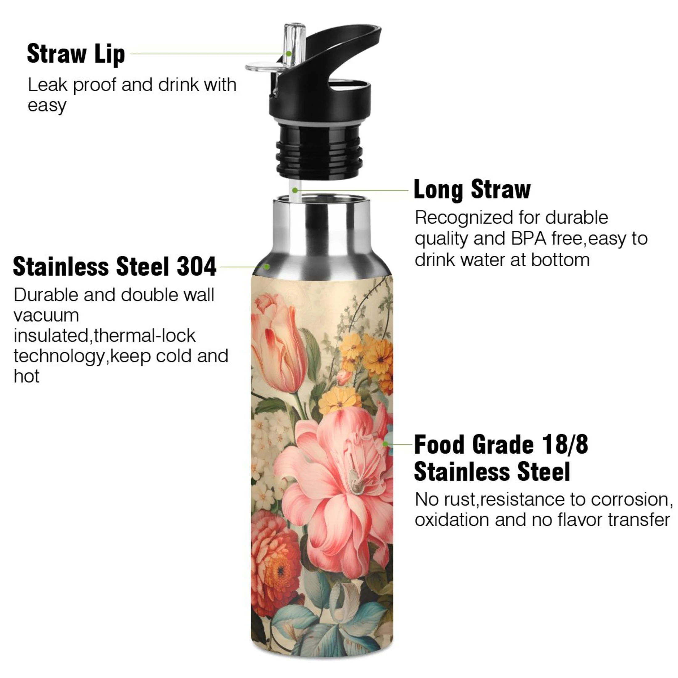 Water Bottle with Straw Lid Leak Pink Flowers Print Stainless Steel Insulated Thermos Vacuum Flask for Cold Hot Drinking for Sports Camping Gym Yoga