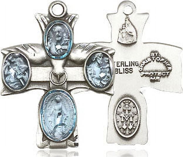 Extel Medium Sterling Silver Traditional Catholic 4-Way Cross Cruciform Medal with Miraculous Medal, St. Joseph, St. Christopher and Sacred Heart, Made in USA