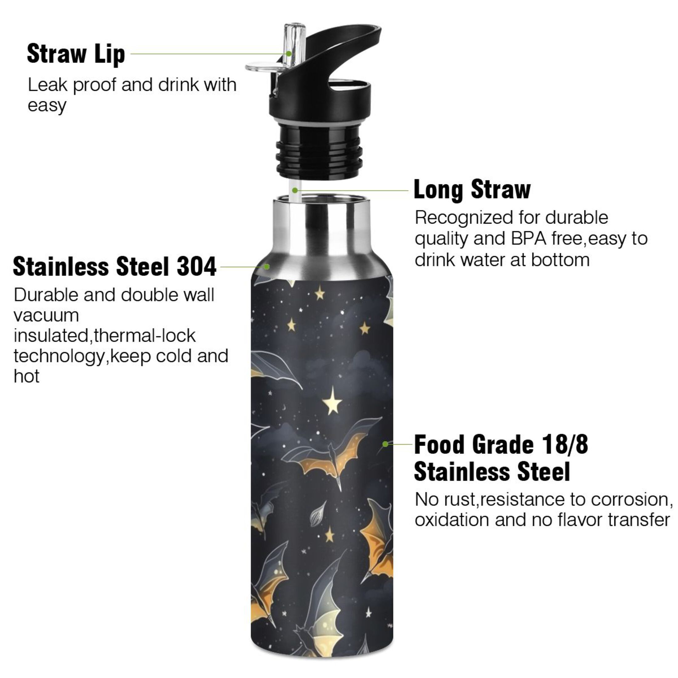 Bats with Star Water Bottles Insulated Thermos Kids Stainless Steel Bottle with Straw Lid Flask Leakproof for Sports Gym 20 oz