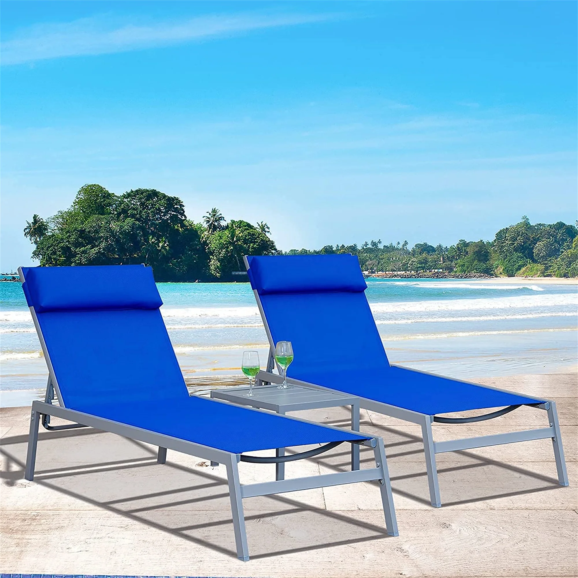 Patio Chaise Lounge Set (2022 New) -3 Pieces Adjustable Backrest Pool Lounge Chairs Steel Textilene Sunbathing Recliner with Headrest (Blue)