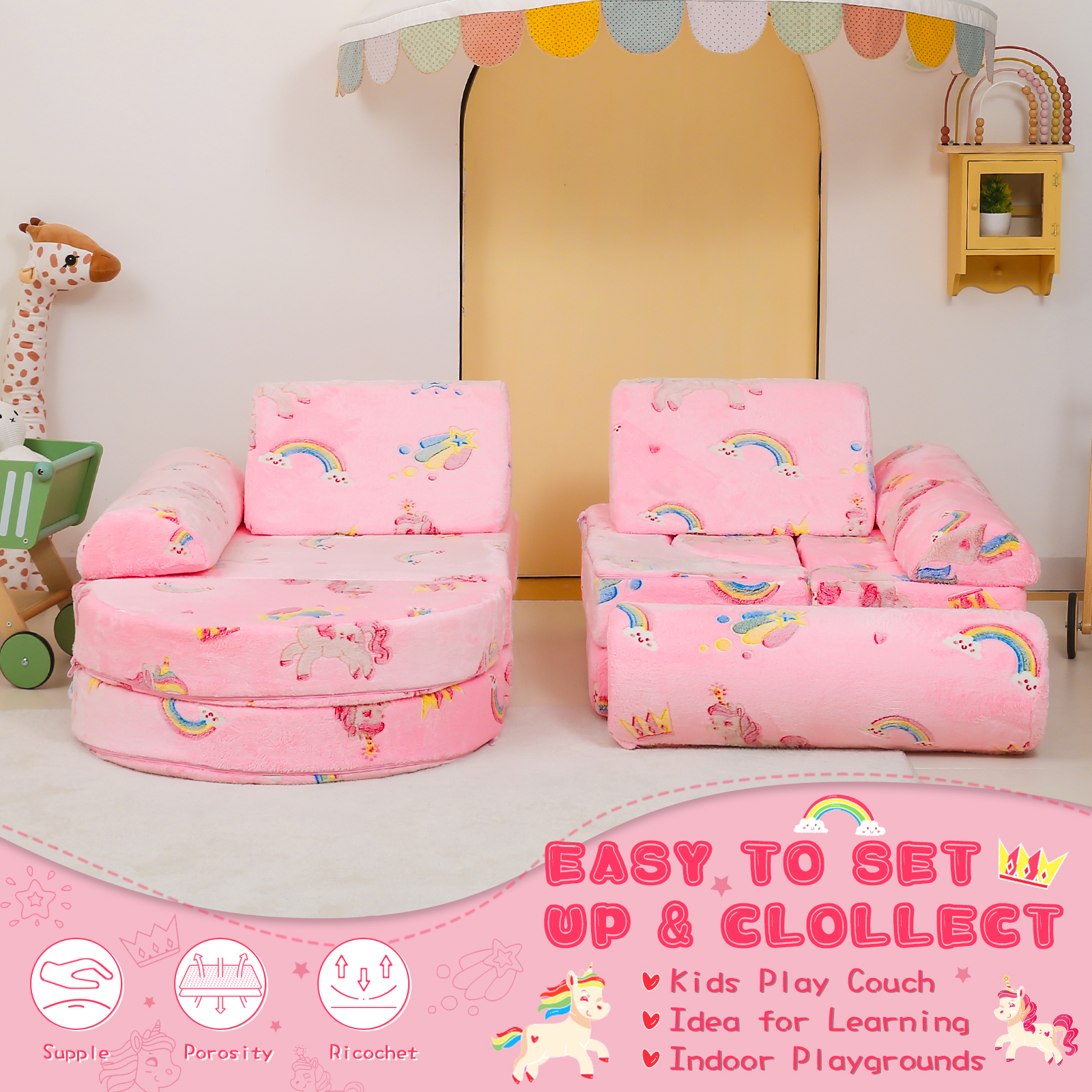 11pcs Modular Kids Play Couch,Kids Couch Building Fort, Kids Couch for Playroom and Bedroom,Toddler Sofa,Kids Sofa Couch,Kids Fold Out Couch,Pink