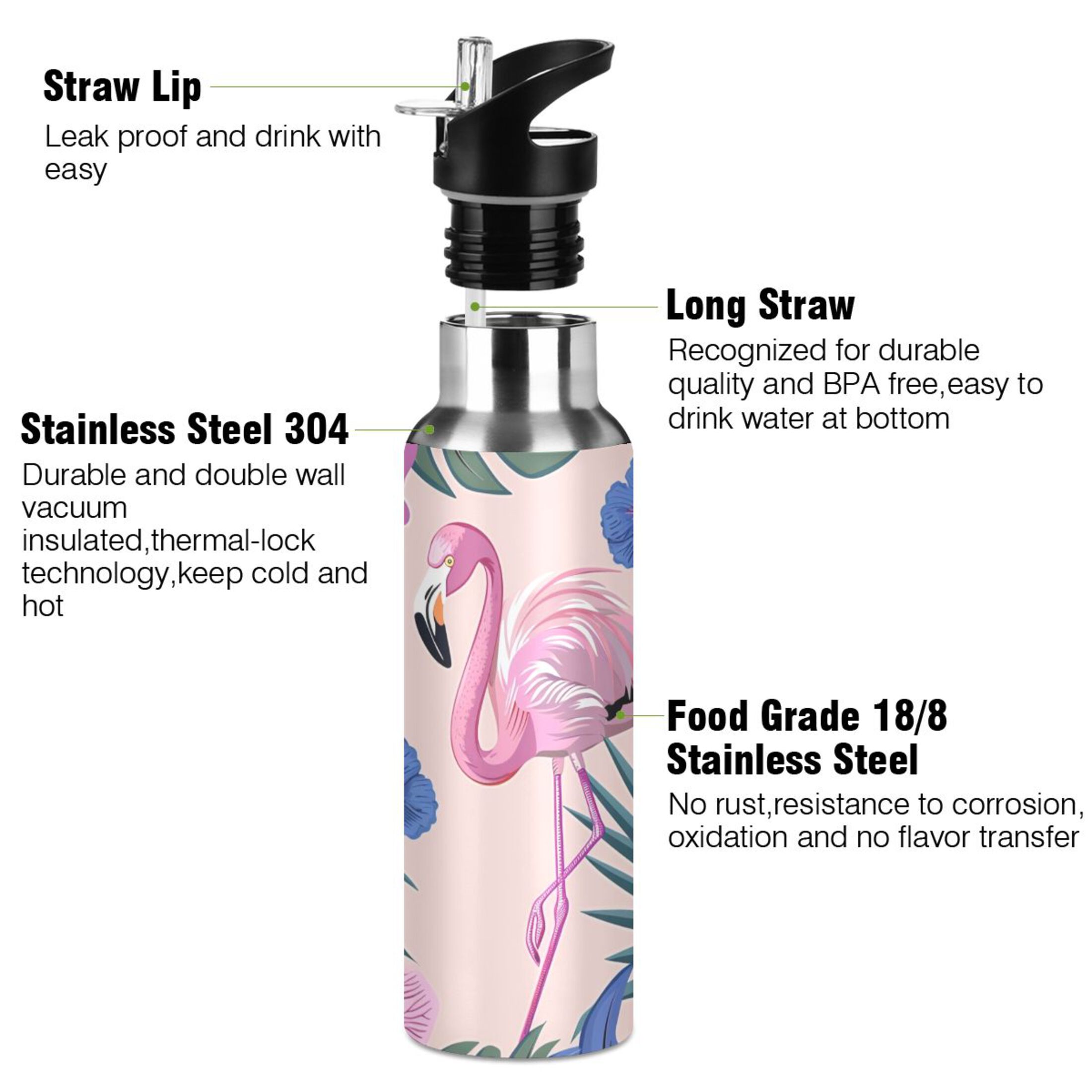 Flamingo Lily Flowers Leave Water Bottles Insulated Thermos Kids Stainless Steel Bottle with Straw Lid Flask Leakproof for Sports Gym 20 oz