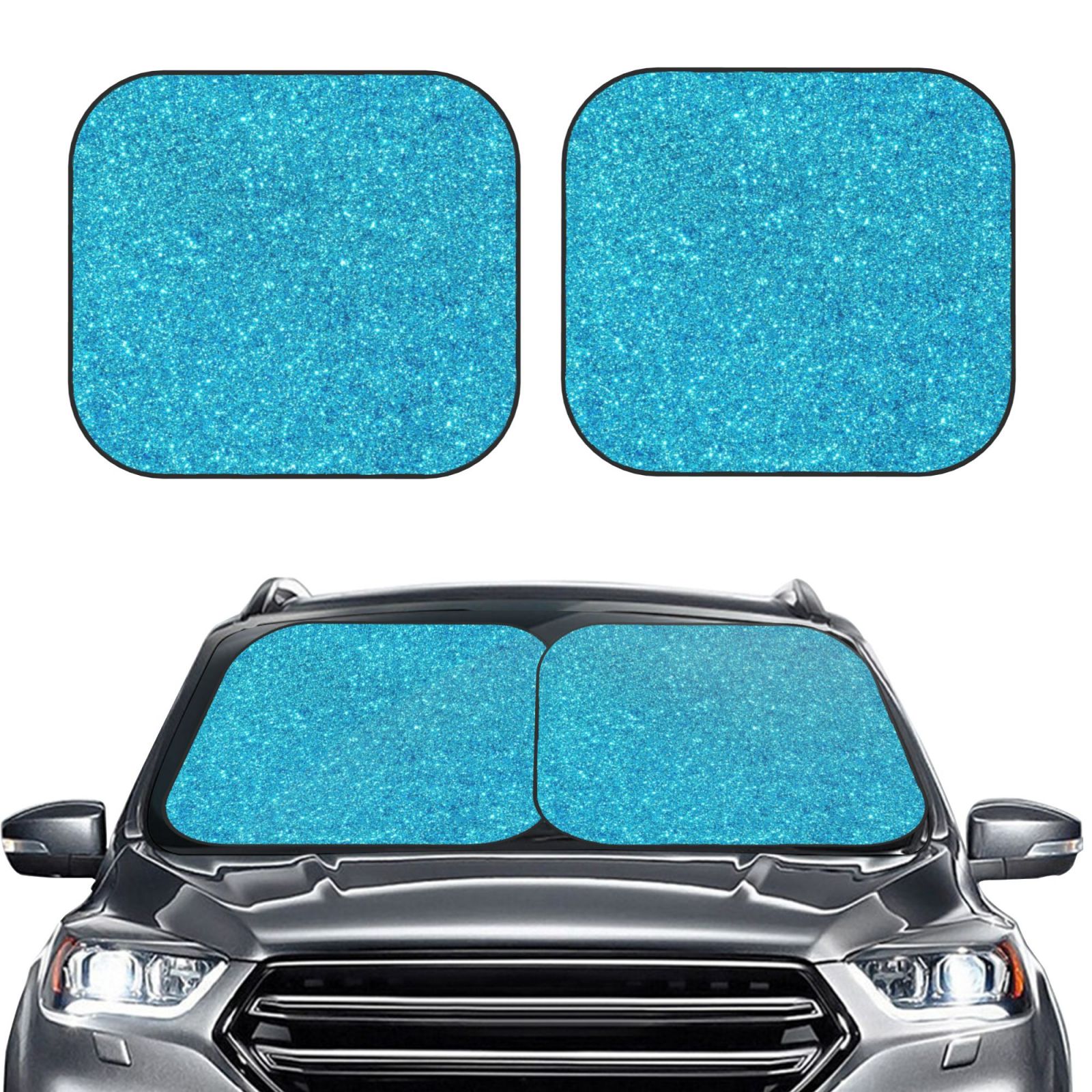 Kll Blue Glitter Windshield Sun Shade 2-Piece Foldable Car Front Window Sunshade For Most Sedans Suv Truck- Small