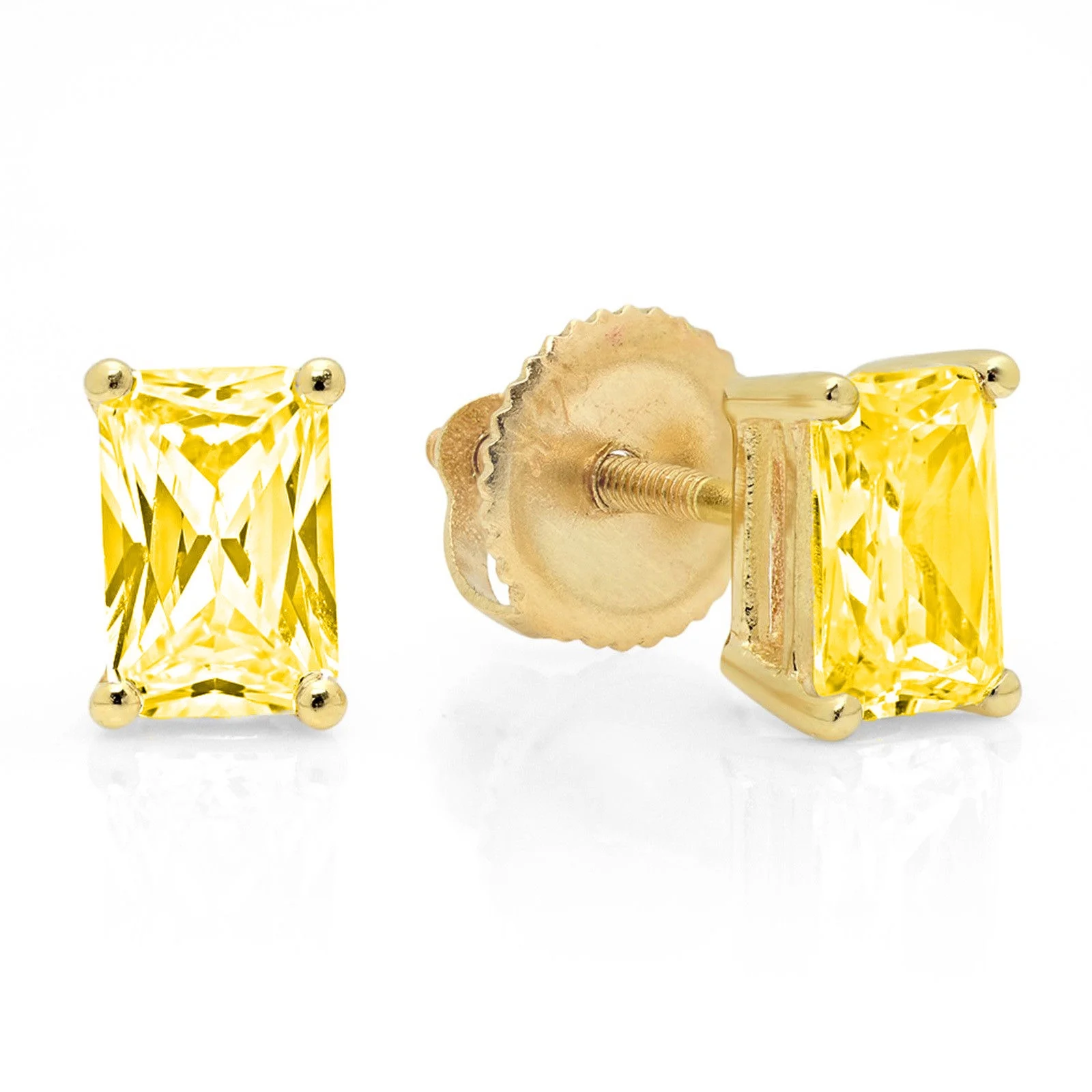 Clara Pucci 2 ct Brilliant Emerald Cut Solitaire Studs VVS1 Genuine Conflict free Yellow Simulated Diamond Real Stamped Solid 18K Yellow Gold Earrings Screw back