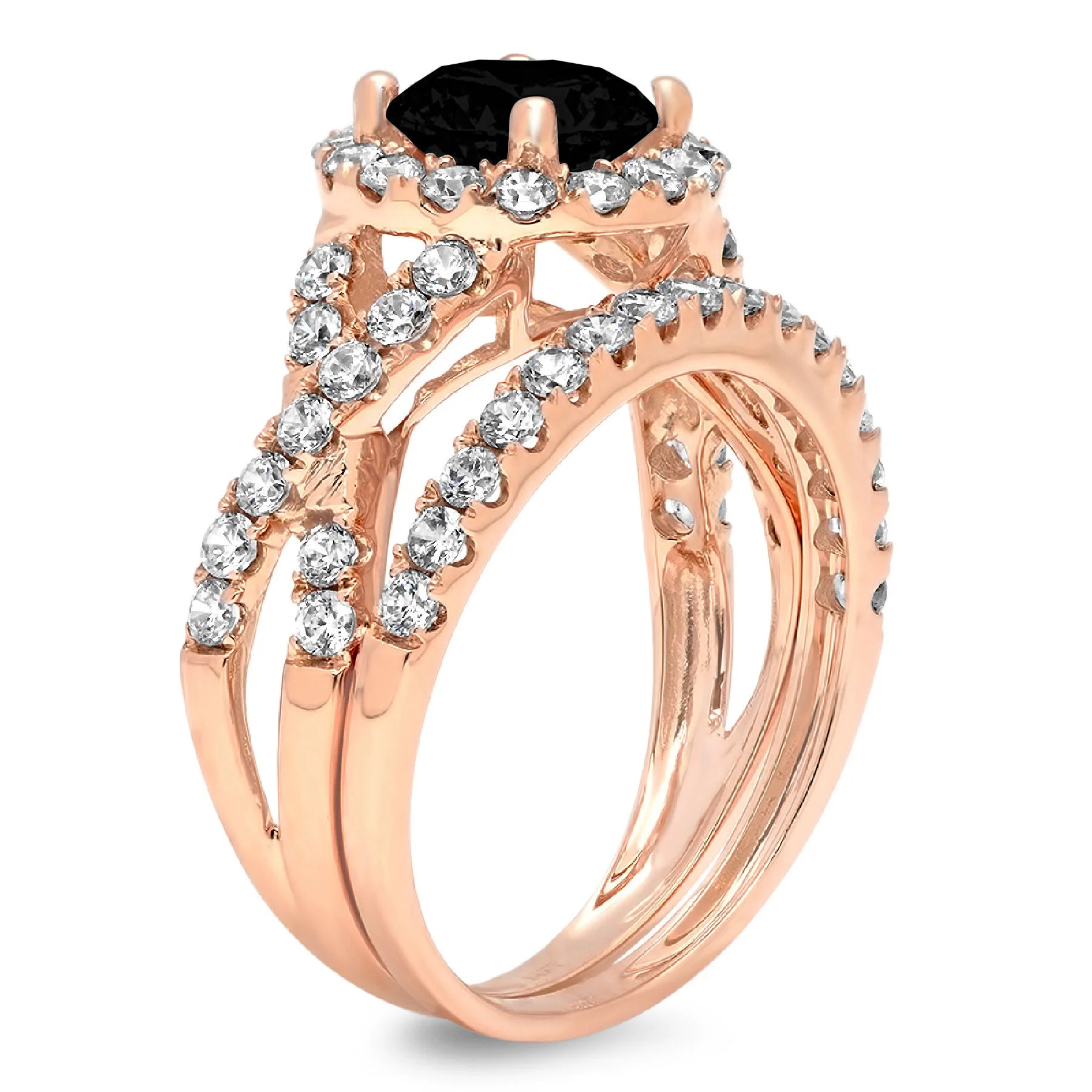 1.92 ct Round Cut Black Natural Onyx Gem Real 18k Rose Gold Customizable Laser Engraving Halo Everlasting Unique Art Deco Statement Wedding Anniversary Engagement Bridal Ring Band Set Size 3.5