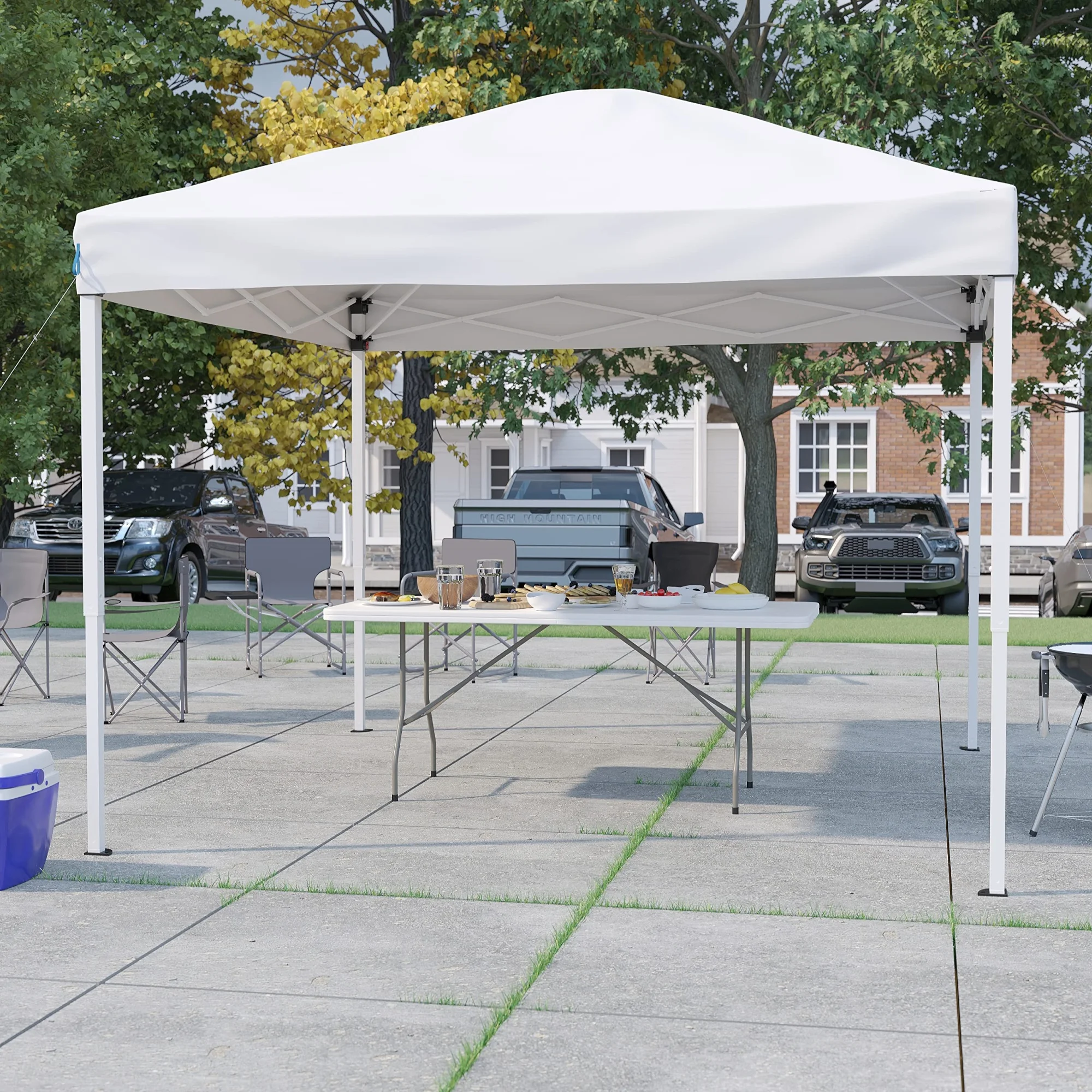 Otis 10'x10' White Pop Up Event Canopy Tent with Carry Bag and 6-Foot Bi-Fold Folding Table with Carrying Handle - Tailgate Tent Set