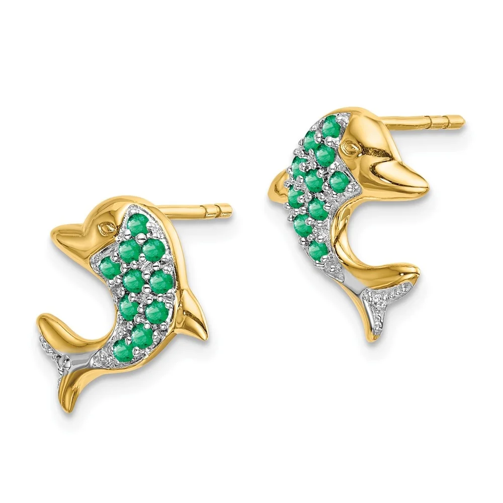 Auriga 14k Yellow Gold with Rhodium Marquise Emerald and Diamond Dolphin Stud Earrings for Women