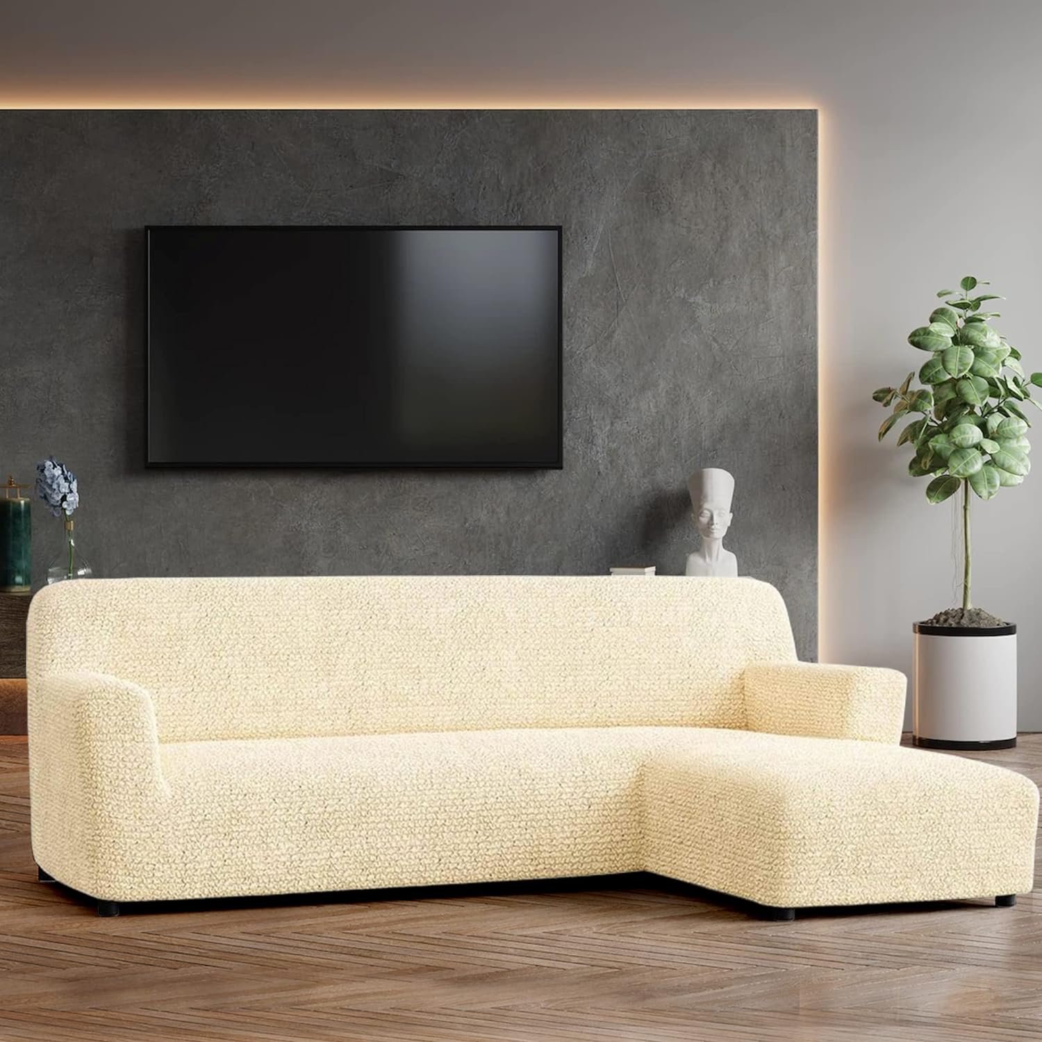 Sectional uch ver - L-Shape Sofa ver - Soft Fabric Seat Slipvers - 1-Piece Form Fit Stretch Furniture Slipver - Microfibra llection - Cream (Right-Facing Chaise)