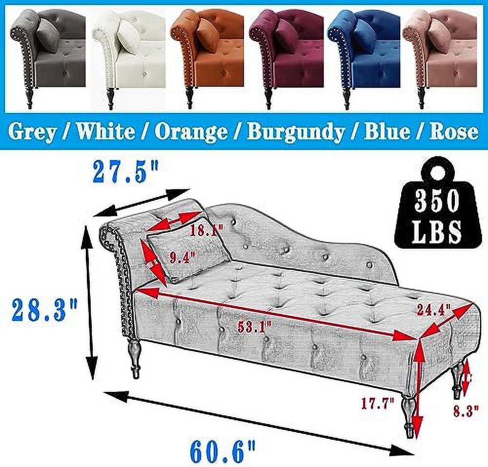 TJUNBOLIFE Tufted Upholstered Velvet Rolled Arm Chaise Lounges Indoor Chair  Right Arm Facing Chaise Lounge with Nailhead Trim and 1 Pillow for Living Room Bedroom Office (Grey)