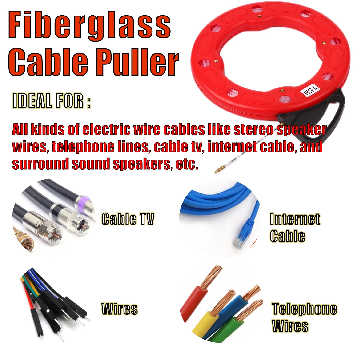 moobody 15M Fiberglass Fish Tape Reel Puller Conductive Electrical Cable Puller with Impact Case Electric or Communication Wire Puller Use for Drywall Ceiling Under Rug Conduit or