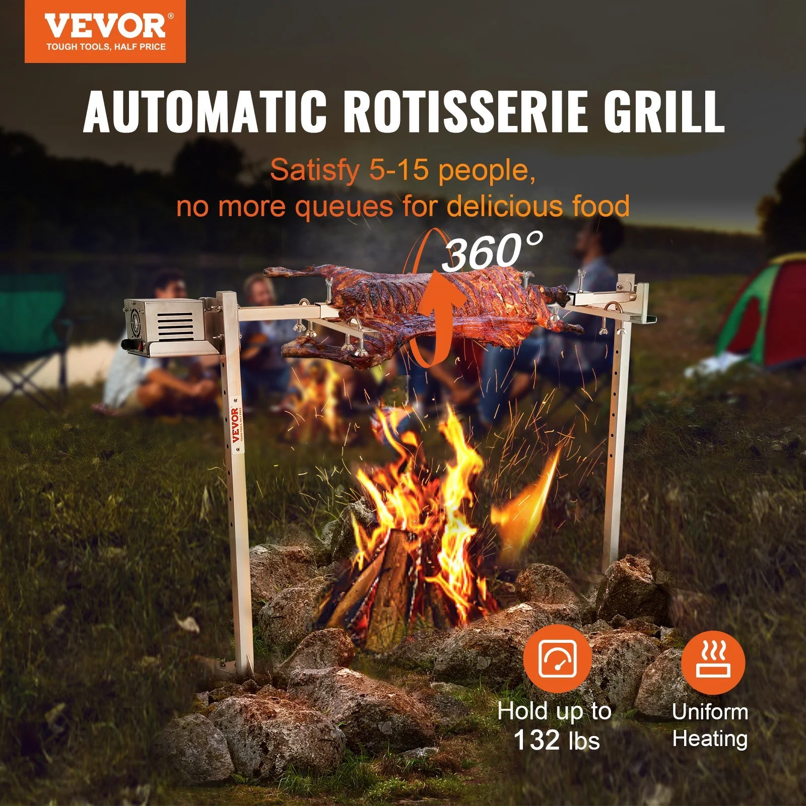 Vevor  46 in. 52W Rotisserie Grill Kit - Height Adjustable Universal Roaster Stand Stainless Steel Hexagon Spit Rod - 132 lbs