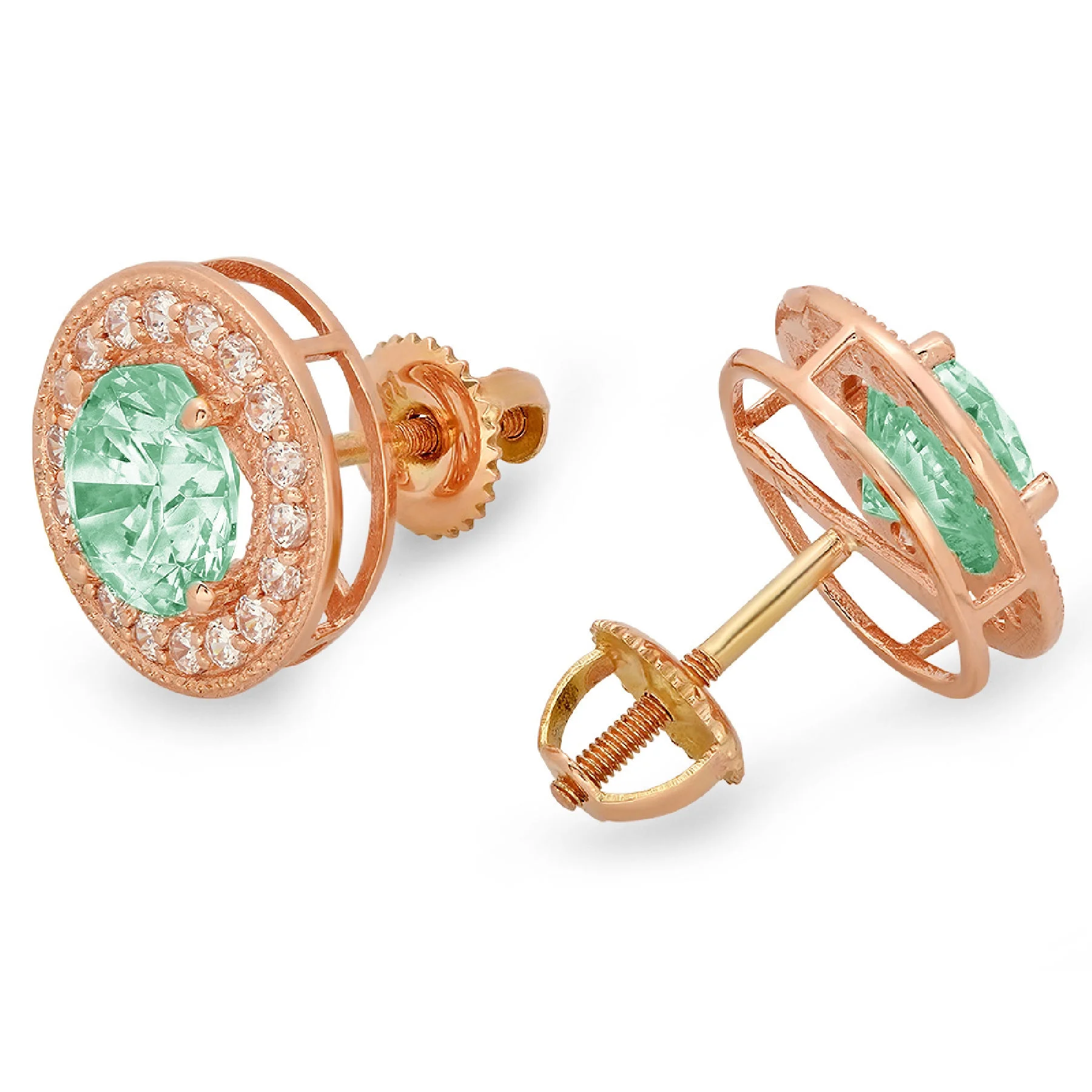 1.18Ct Brilliant Round Cut Halo Studs Genuine Designer Earrings Green Simulated Diamond Anniversary 18K Pink Rose Gold Dainty Screw Back