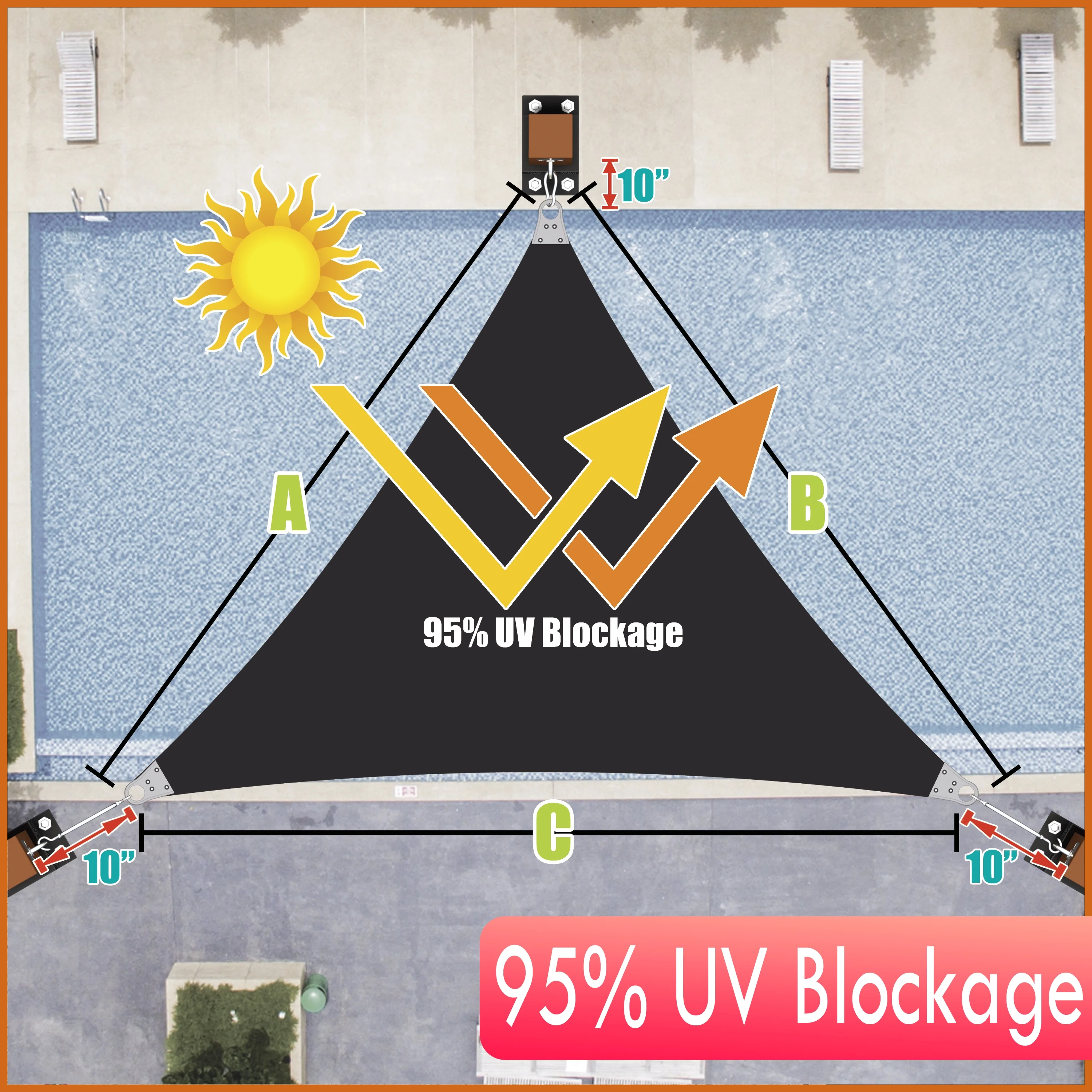 Colourtree 23' x 25' x 33.98' Black Right Triangle Size Super Ring Sun Shade Sail CTAWTN Canopy Awning Shades for Patio - Commercial Heavy Duty - 260 GSM - 5 Years Warranty