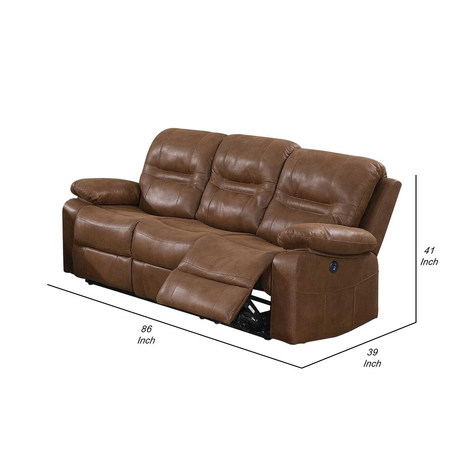 Benjara BM232084 41 in. leatherette Reclining Sofa with USB Port, Brown