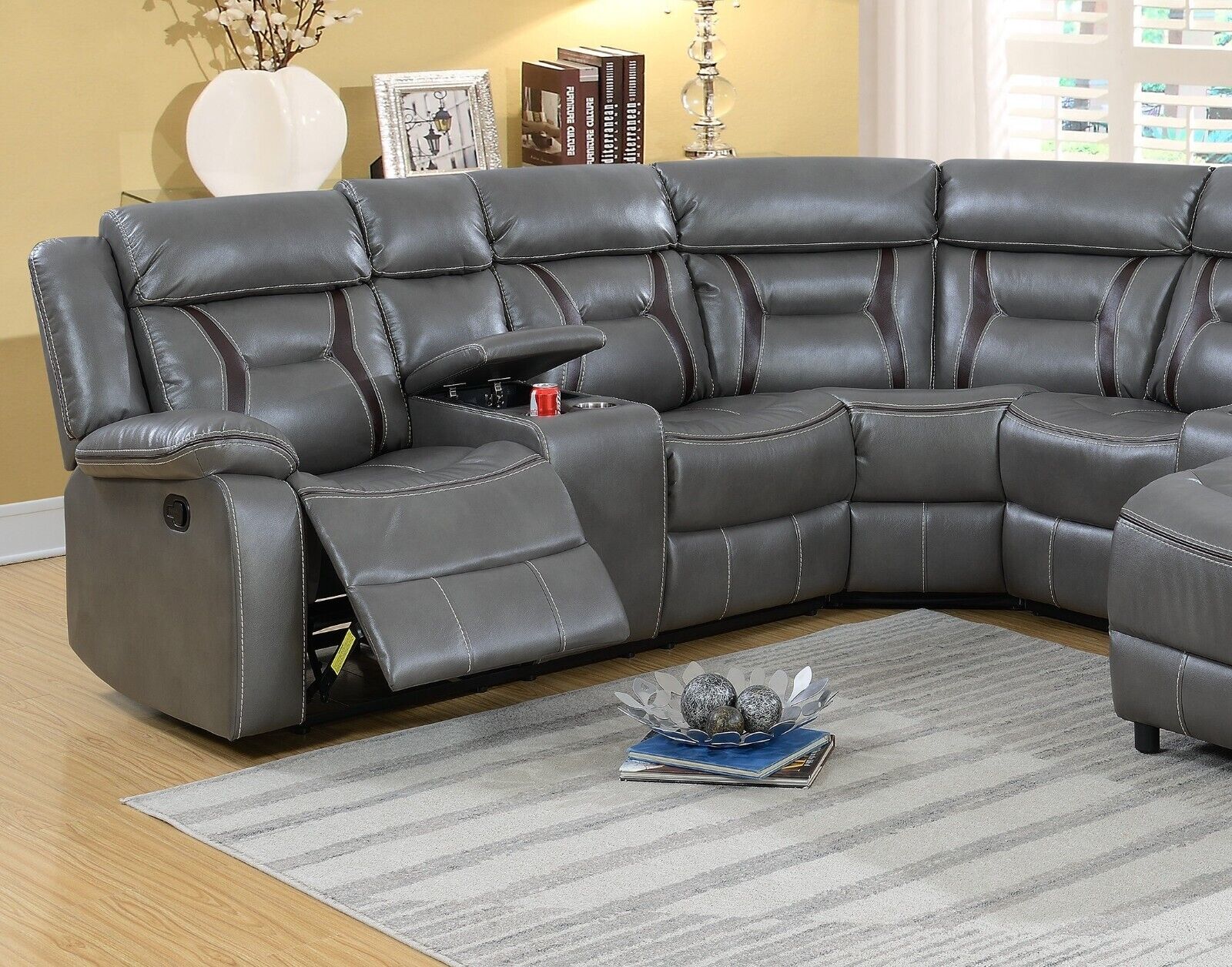 Contemporary Living Room Gel Leatherette Gray Sectional Sofa Reclining Couch Console Cup holder Chaise 5pc Sectional Set